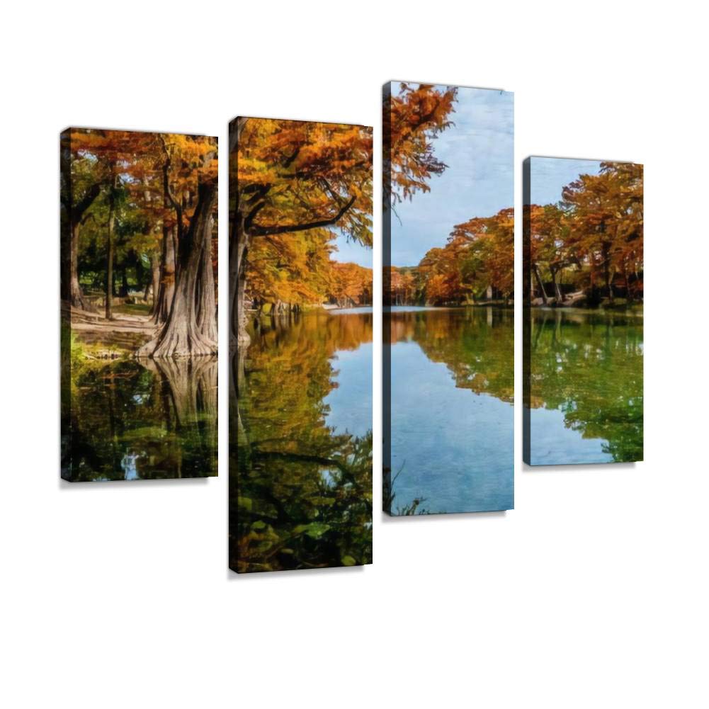 Fall Foliage at Garner State Park, Texas Canvas Print Artwork Wall Art Pictures Framed Digital Print Abstract Painting Room Home Office Decor Ready to Hang 4 Panel