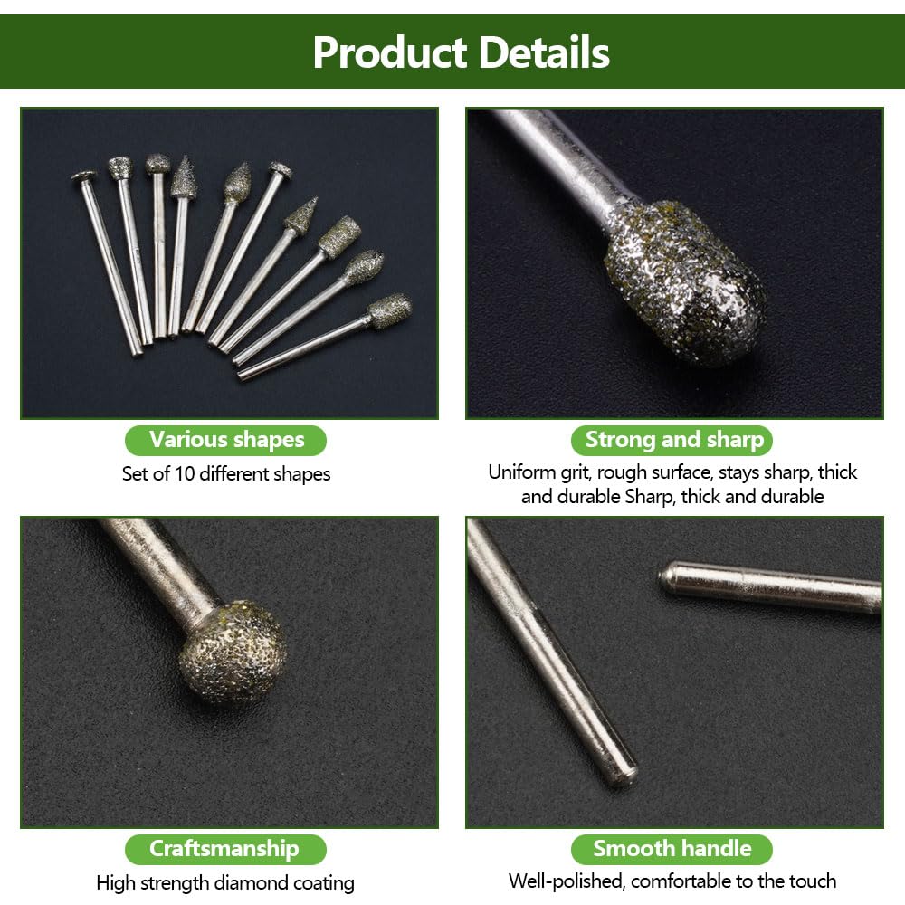 20 Frese Diamantate Per Dremel - Set Con Gambo 3mm Per Intaglio Pietra, Lucidatura E Incisione - Foto 7