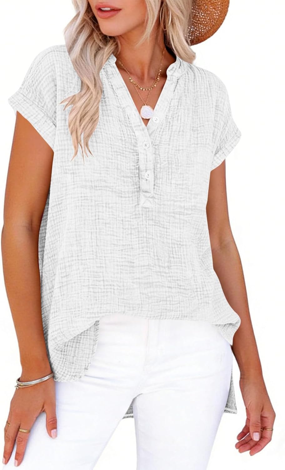 Womens Summer Gauze Tops Short Sleeve Shrits Trendy Casual Loose Cotton Button V Neck Beach Vacation Clothes Outfits