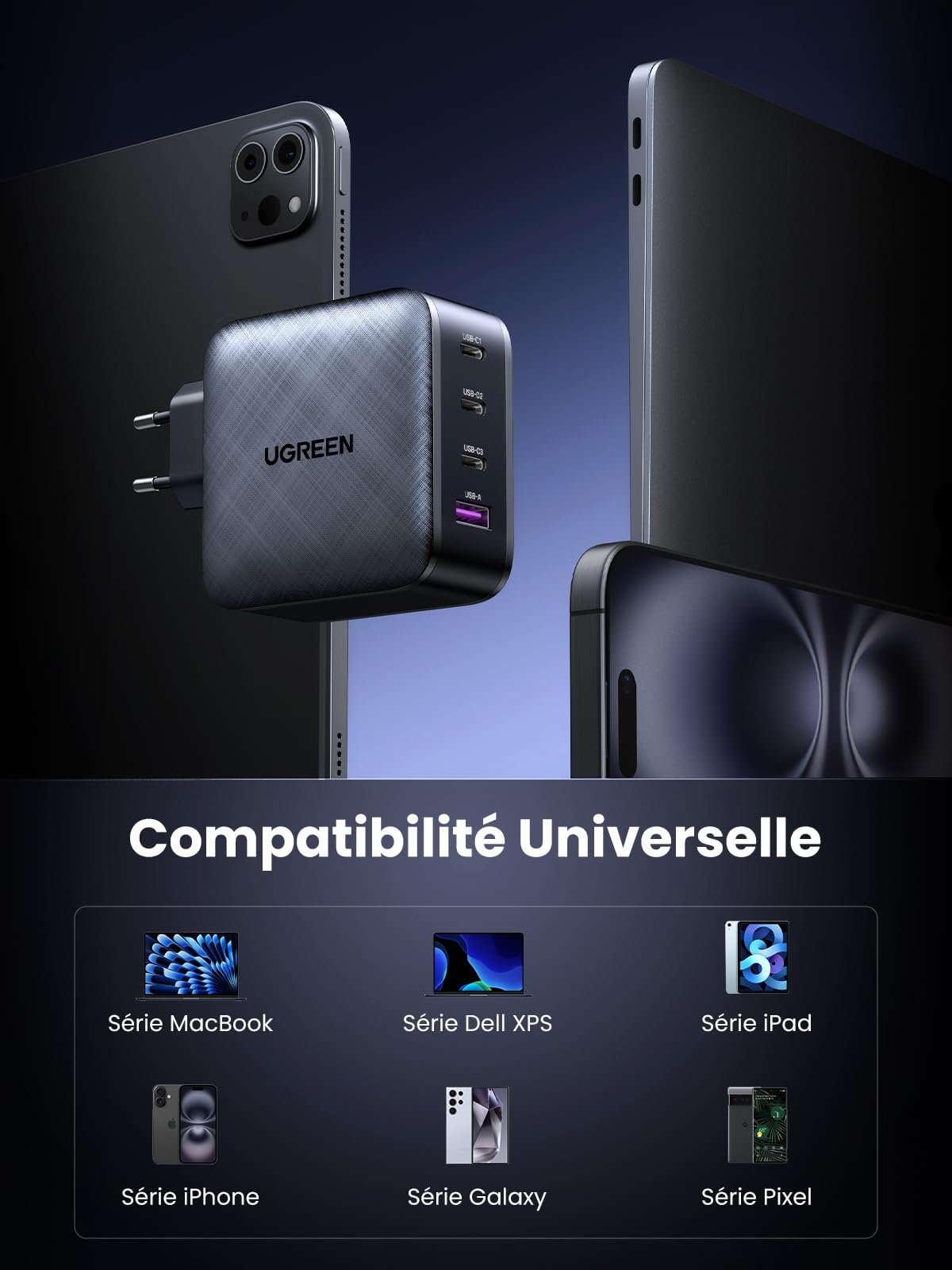 UGREEN 65W Chargeur USB C 4 Ports avec GaN Tech Compatible avec iPhone 14 Pro Max 13 Pro 12 Pro 11 XR 8 Galaxy S23 Ultra Plus S22 S21 S20 MacBook Pro MacBook Air M1 M2 iPad Pro Air Mini Steam Deck