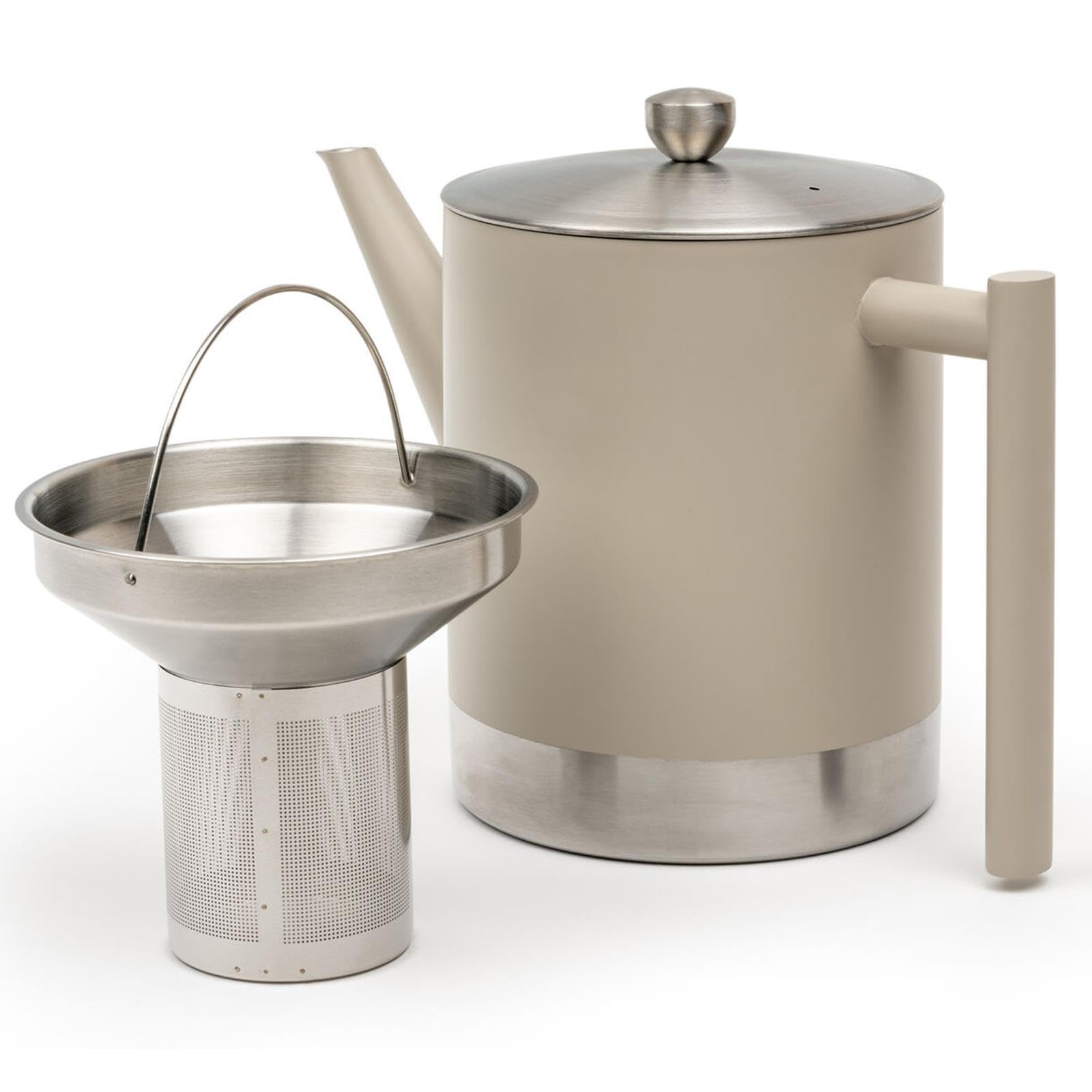 Bredemeijer doppelwandige Edelstahl Teekanne taupe 1.2 Liter - große isolierende Edelstahlkanne Set mit schwarzem Holz-Untersetzer & Teefilter-Sieb