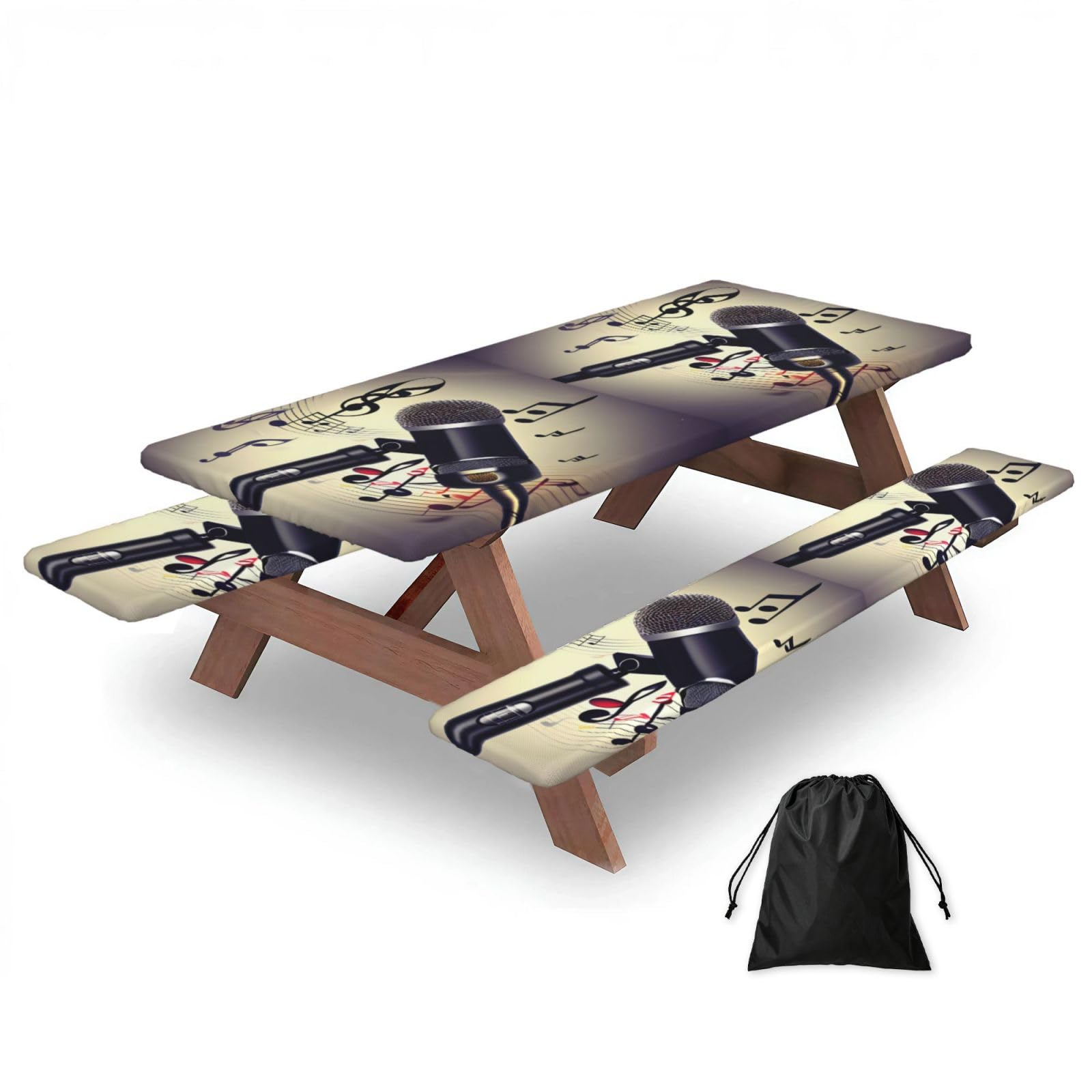 Zyjhyy Black Microphone With Music Note Print 3 Pack Wipeable Picnic Bench Cover And Table Cover Lightweight Table Cloth For Camping Outdoor