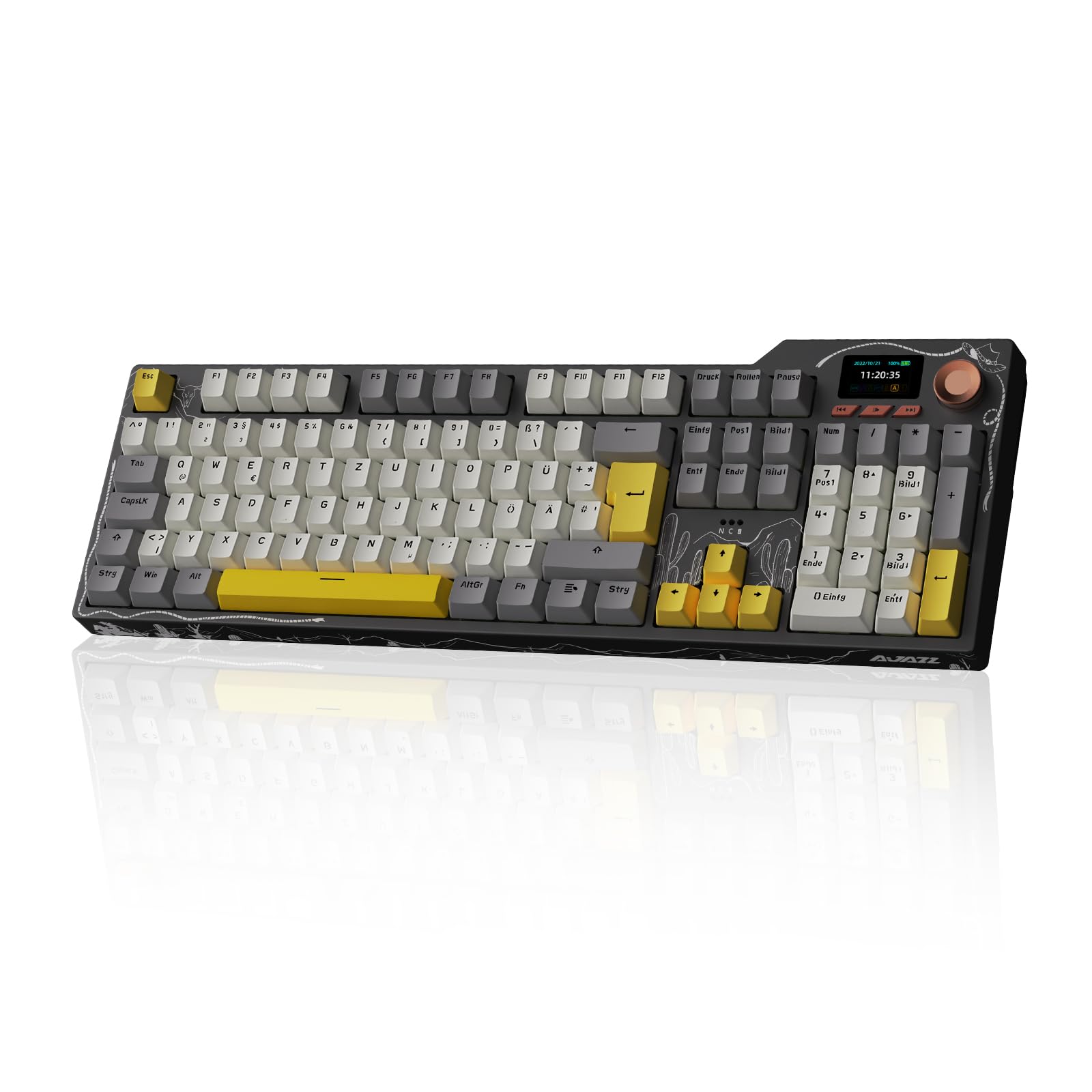 AJAZZ AK35I V3 MAX Mechanical Keyboard, 104-Key Hot Swappable Wireless Keyboard with TFT Screen and Volume Control Knob, RGB Backlit, 2.4GHz/USB-C/BT Gaming Keyboards, Black Grey Yellow