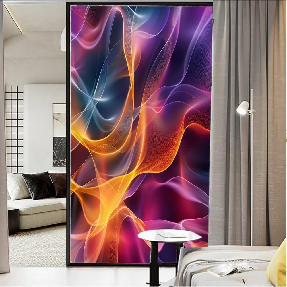 Abstract Line Textures Stained Glass Window Stickers Colorful Waves Picture Privacy Window Film Glass Door Covering Self-Adhesive Decals for Bathroom Kitchen 27.6Wx39.4L inch