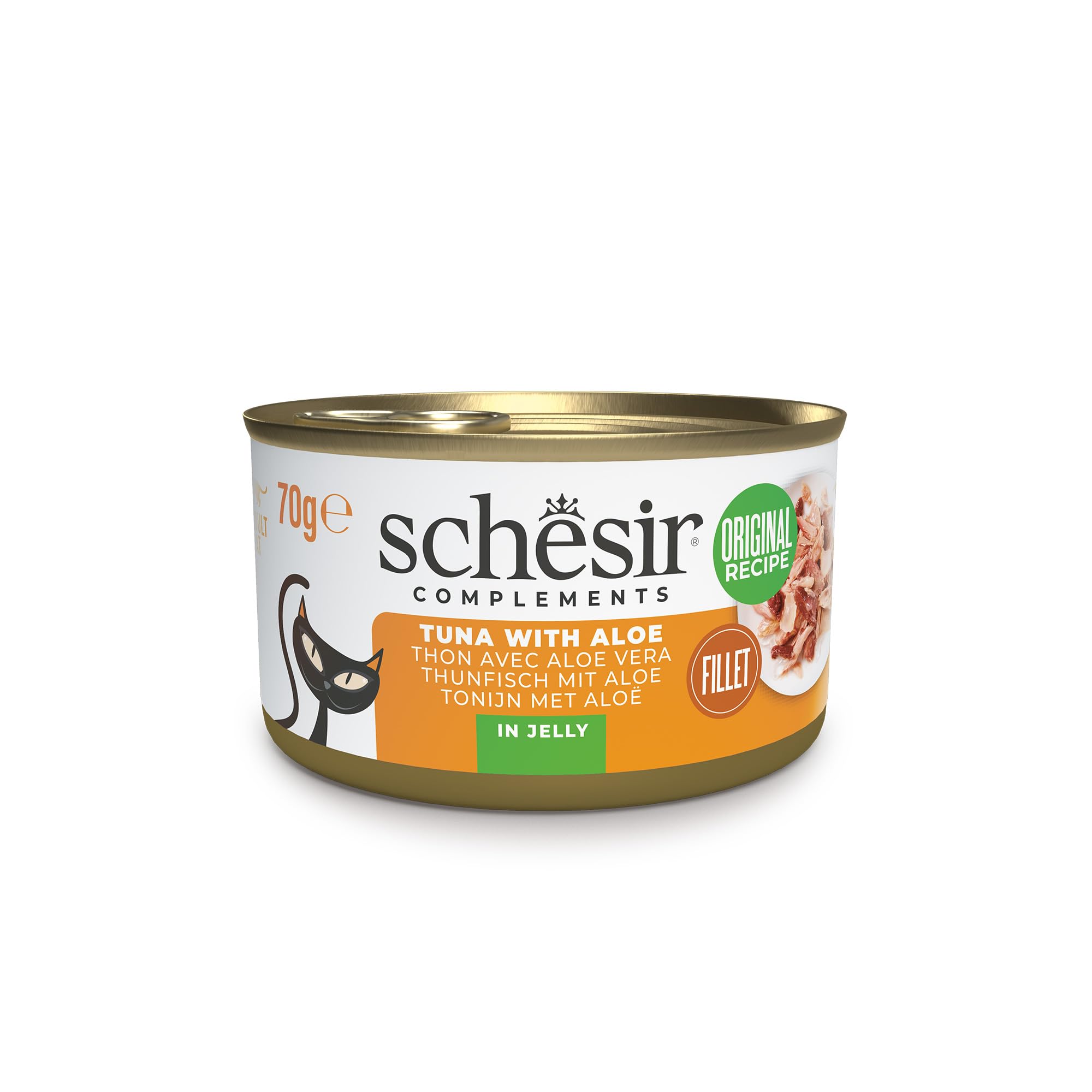 Schesir, Filetes de Atún con Aloe en Gelatina, Comida Húmeda Complementaria para Gatos, en Latas, Receta Original, 100% Natural, 12 x 70g