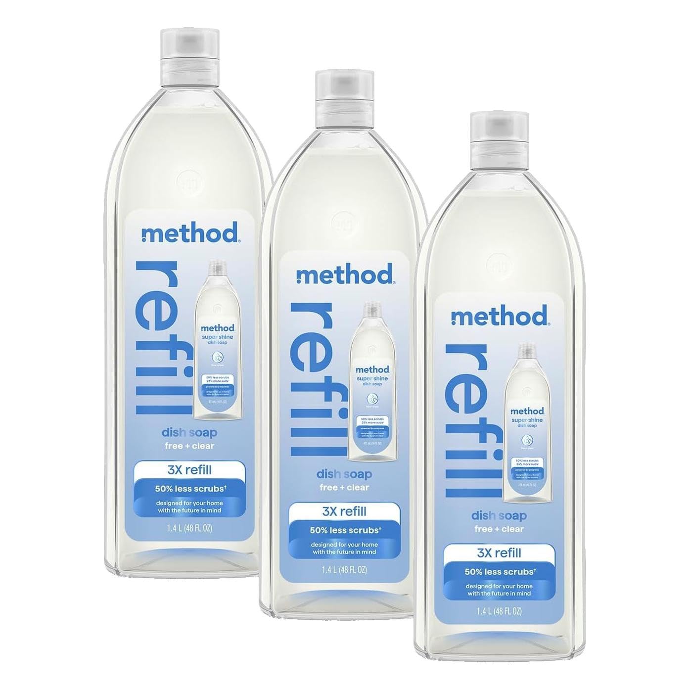Method Super Shine Liquid Dish Soap Refill, Free + Clear, 48 fl oz (Pack of 3)