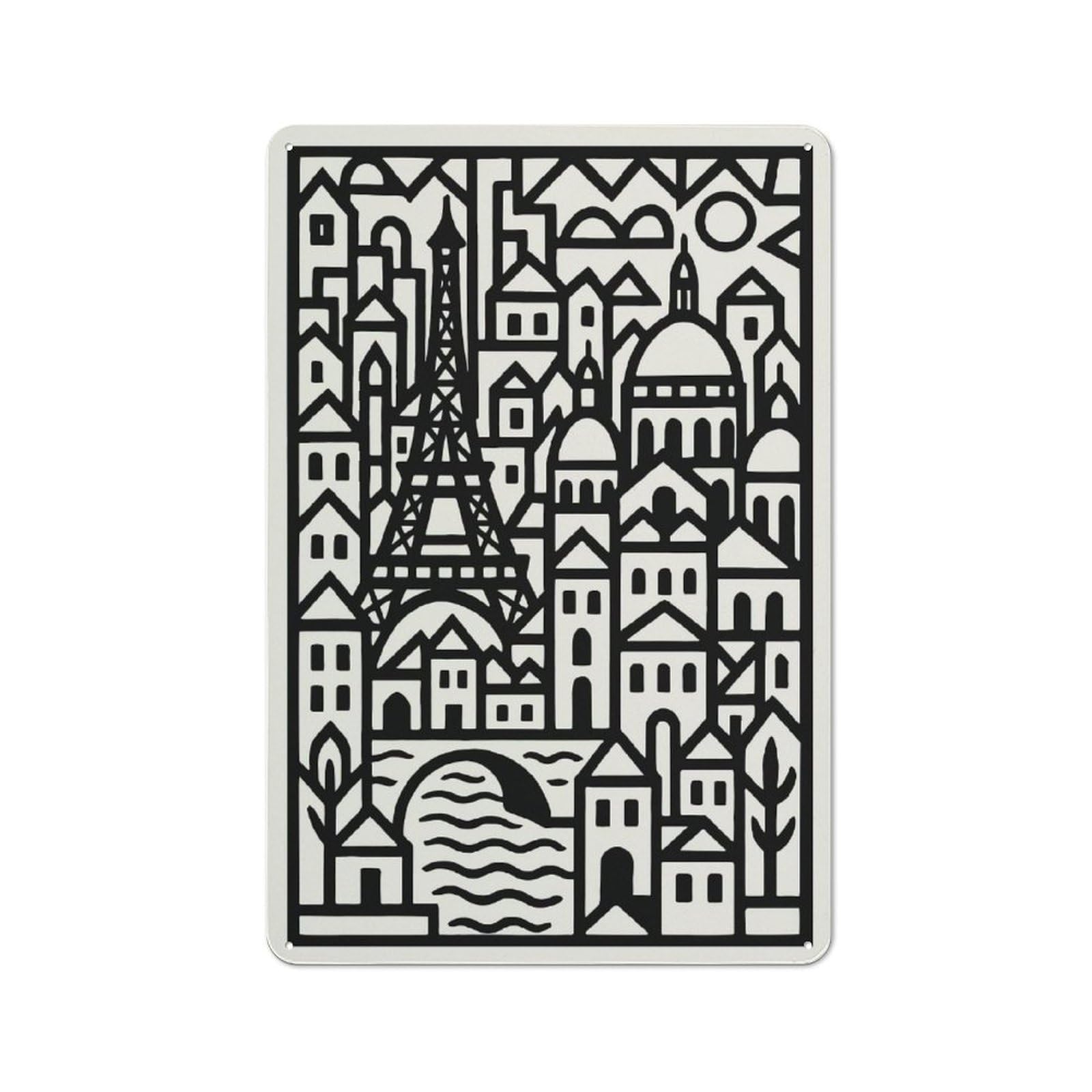 Loft Style Paris Cityscape Black And White Illustration Decorative Metal Plaque 30x20cm, Studio Wall Art for Workspace, Cafe, Hallway Or Garage