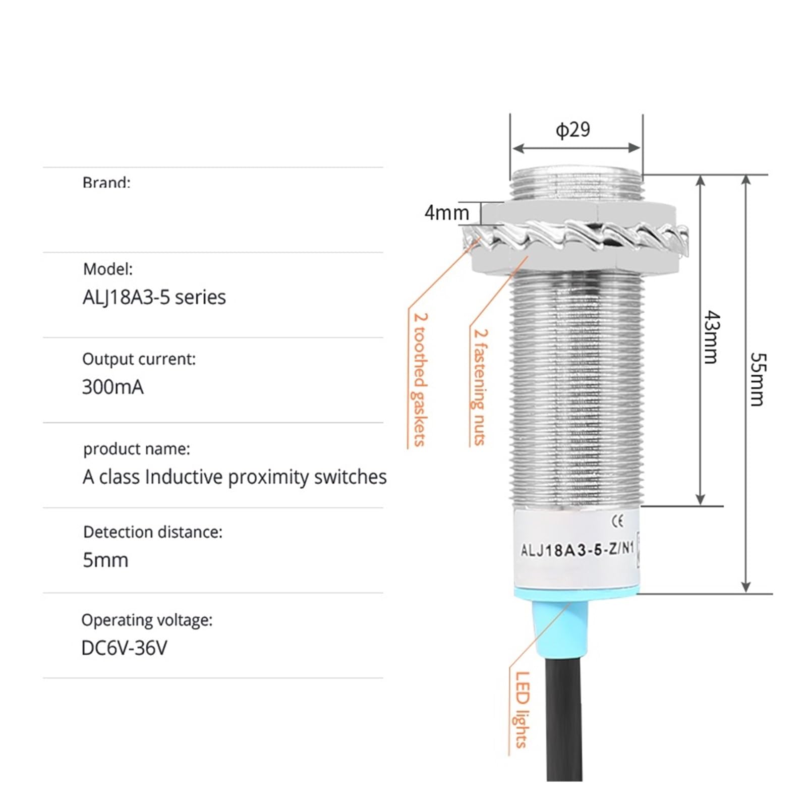 Interruptor de proximidad inductivo de clase A, serie ALJ18A3-5, sensor de interruptor de proximidad de efecto NPN PNP NO de 3 cables