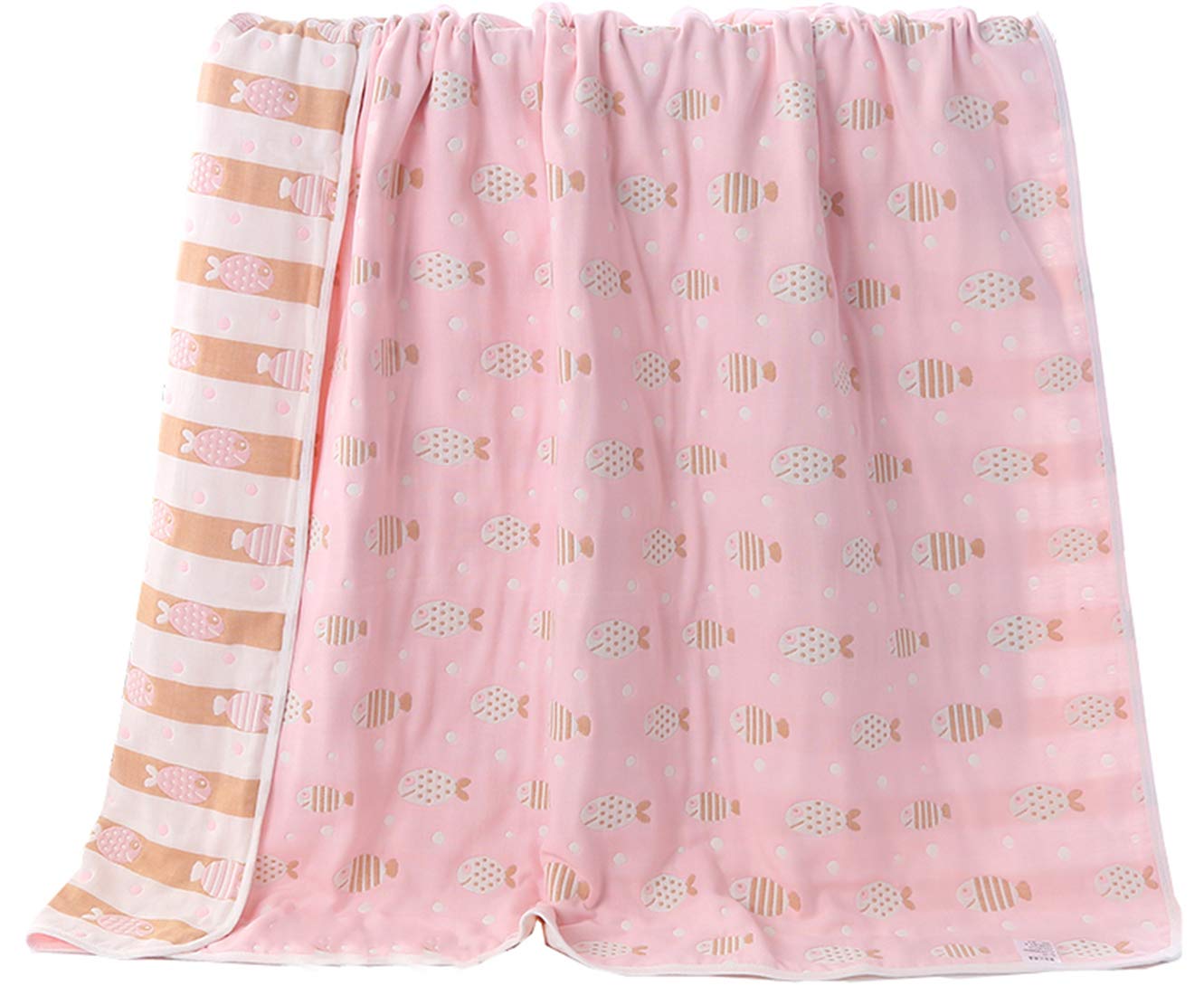 Hayisugar Soft Baby Blankets 6 Layer Muslin Cloth - 100% Cotton Kids Toddler Blanket Baby Swaddle Blanket for Boys & Girls, Pink Fish, 120 x 150 cm
