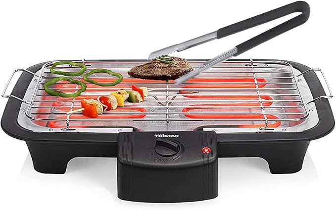 Barbacoa eléctrica de mesa y pinzas para barbacoa con bandeja colectora de agua, superficie de la parrilla 38 x 22 cm – 2000 W