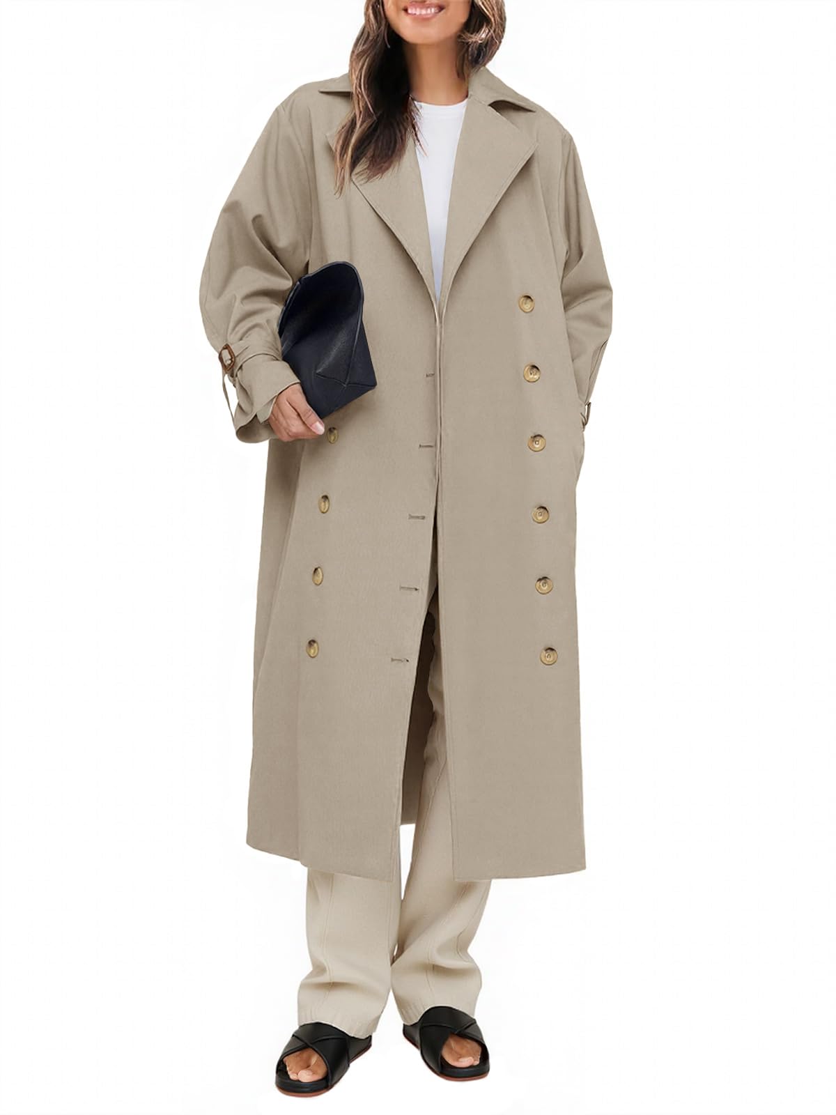Tankaneo Womens Long Trench Coat Oversized Double Breasted Windproof Classic Lapel Casual Fall Overcoat