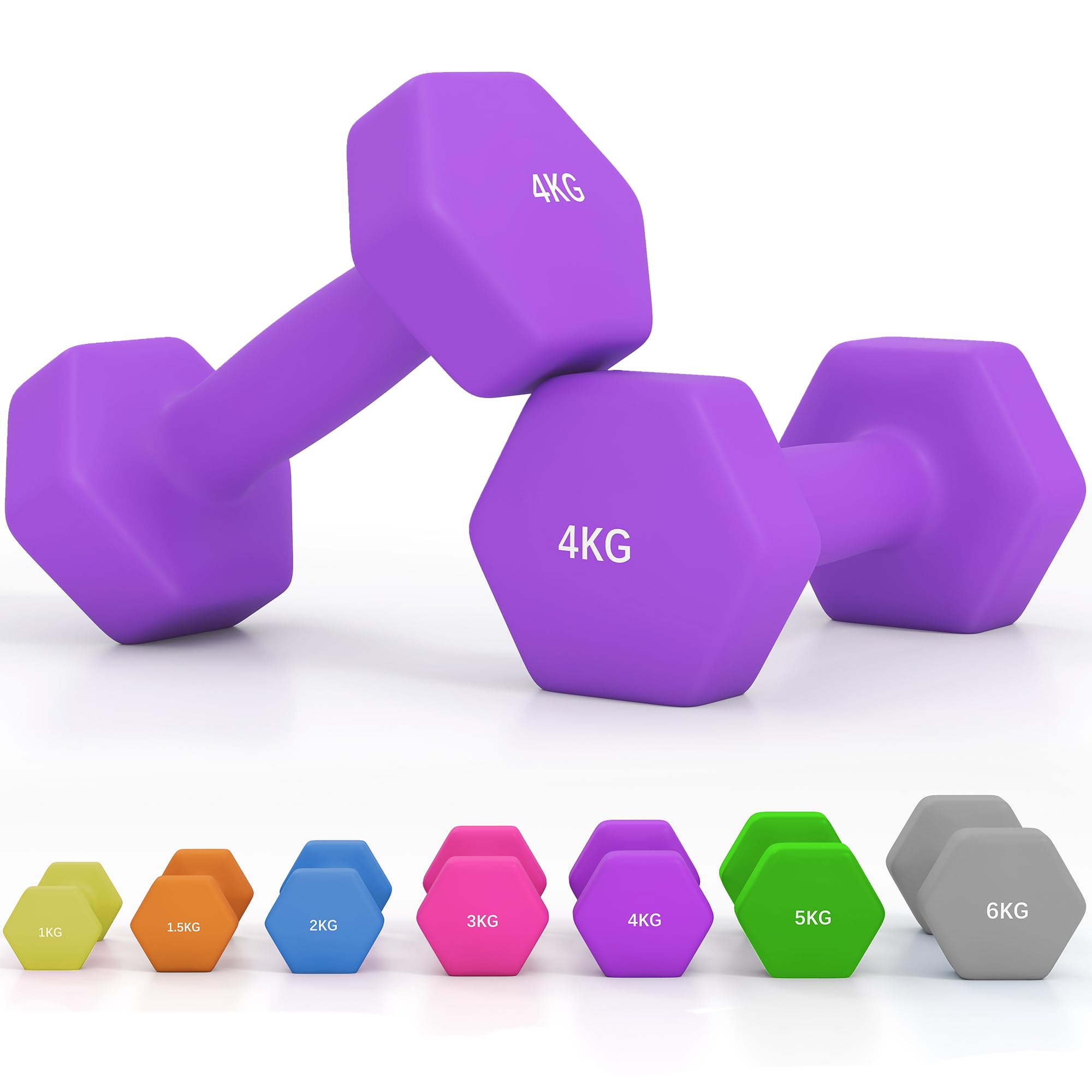 SPORTNOW Hex Dumbbells, Neoprene Weights Pair with Non-Slip Grip, Home Gym Fitness Training Equipment, 2 x 1.5kg, 2 x 2kg, 2 x 3kg, 2 x 4kg, 2 x 5kg, 2 x 6kg, Pink, Purple, Green, Blue, Orange, Grey