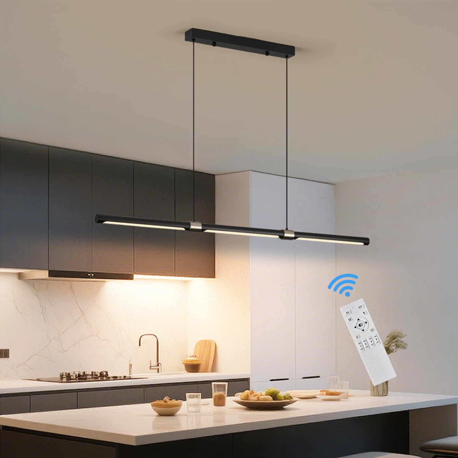 Esstisch Pendelleuchte Schwarz, 100cm 35W Led Hängeleuchte Mit Fernbedienung Dimmbar, Hängelampe Linear Design Hängend Esszimmerlampe Höhenverstellbar (100cm)