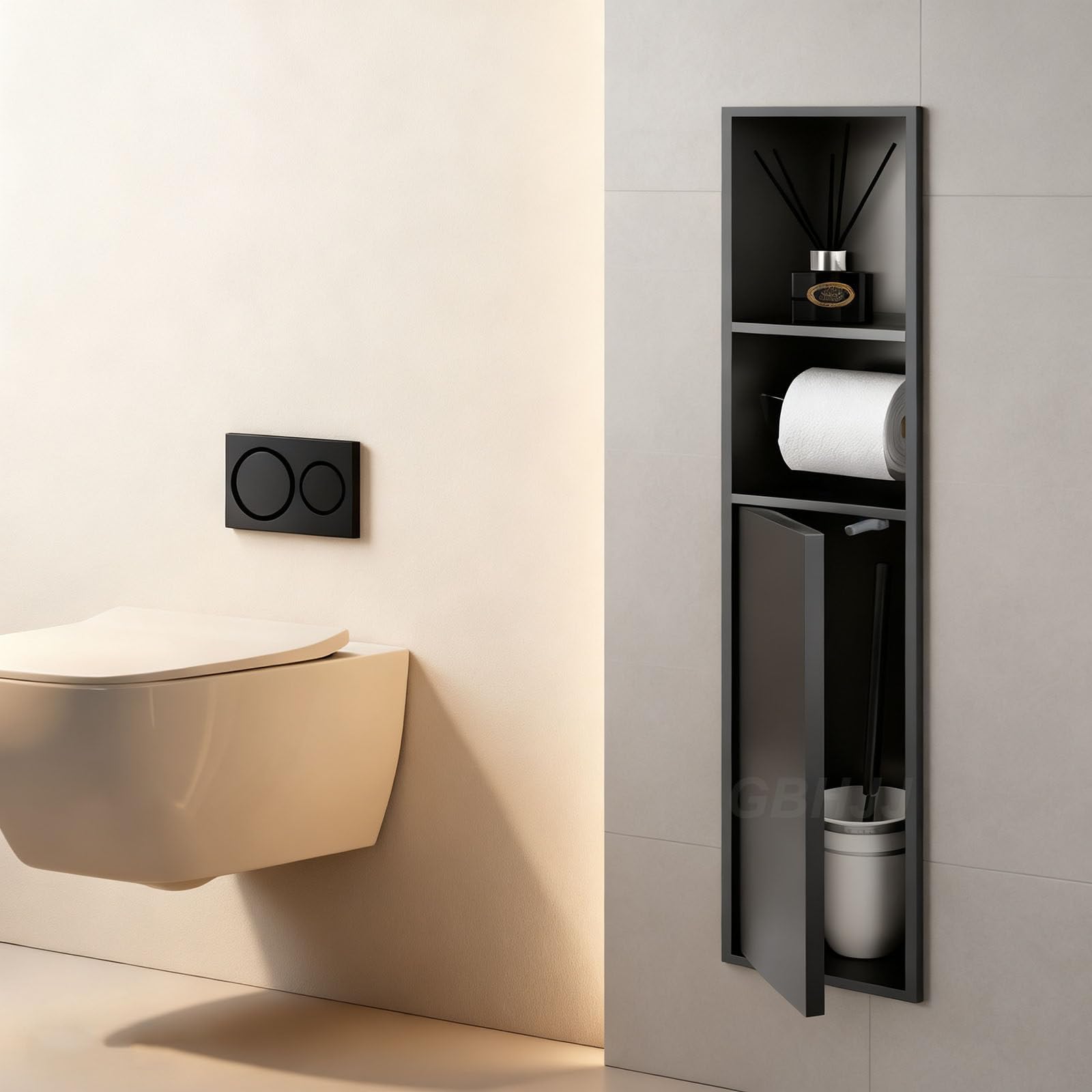 Recessed Toilet Paper Holder and Storage Cabinet for Bathroom Organization