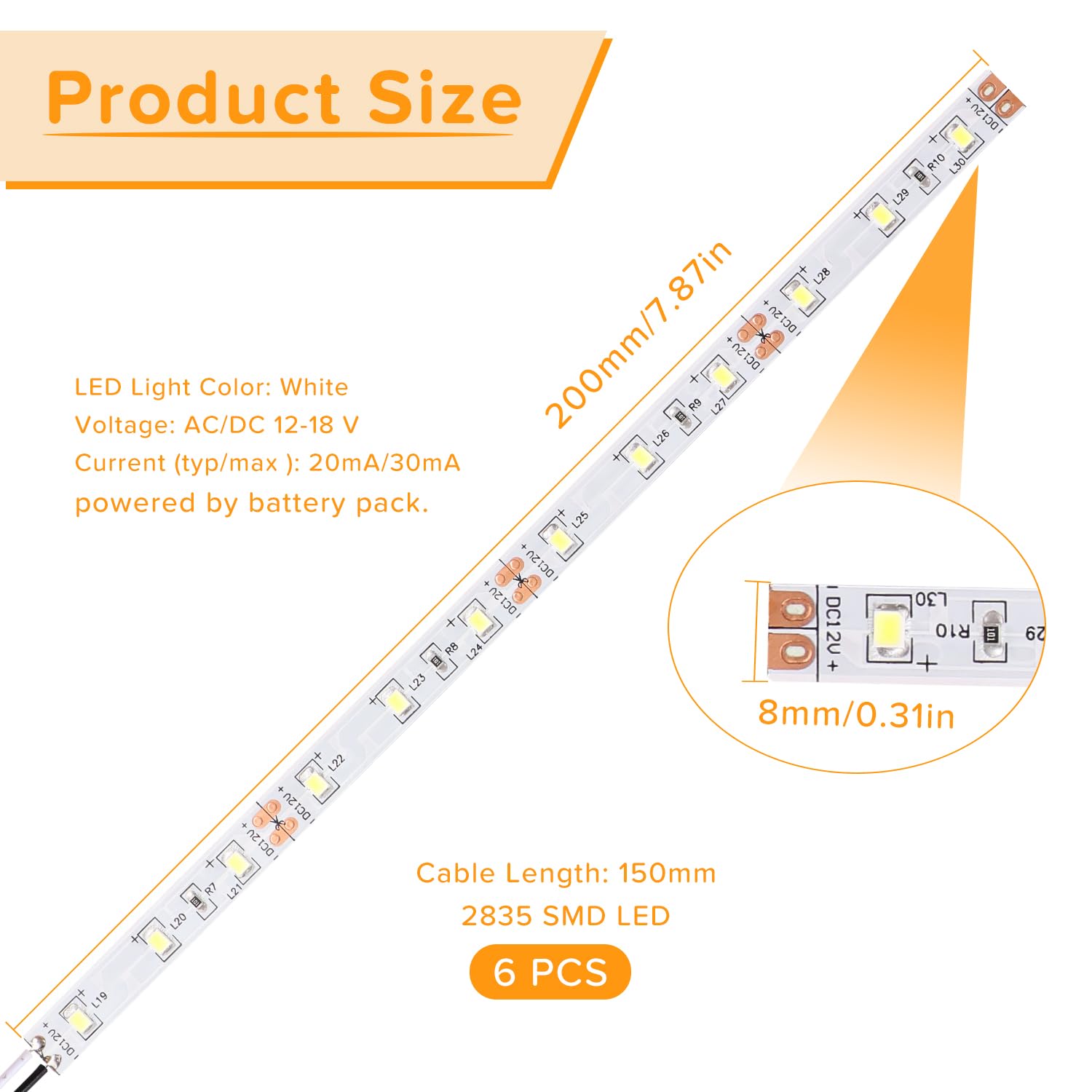 Lyeteung 6 PCS 200mm 12V - 18V Pre Wired Strip, 2835 SMD LED Model Railway LED Lighting, White, 200mm - 6pcs - Image 2