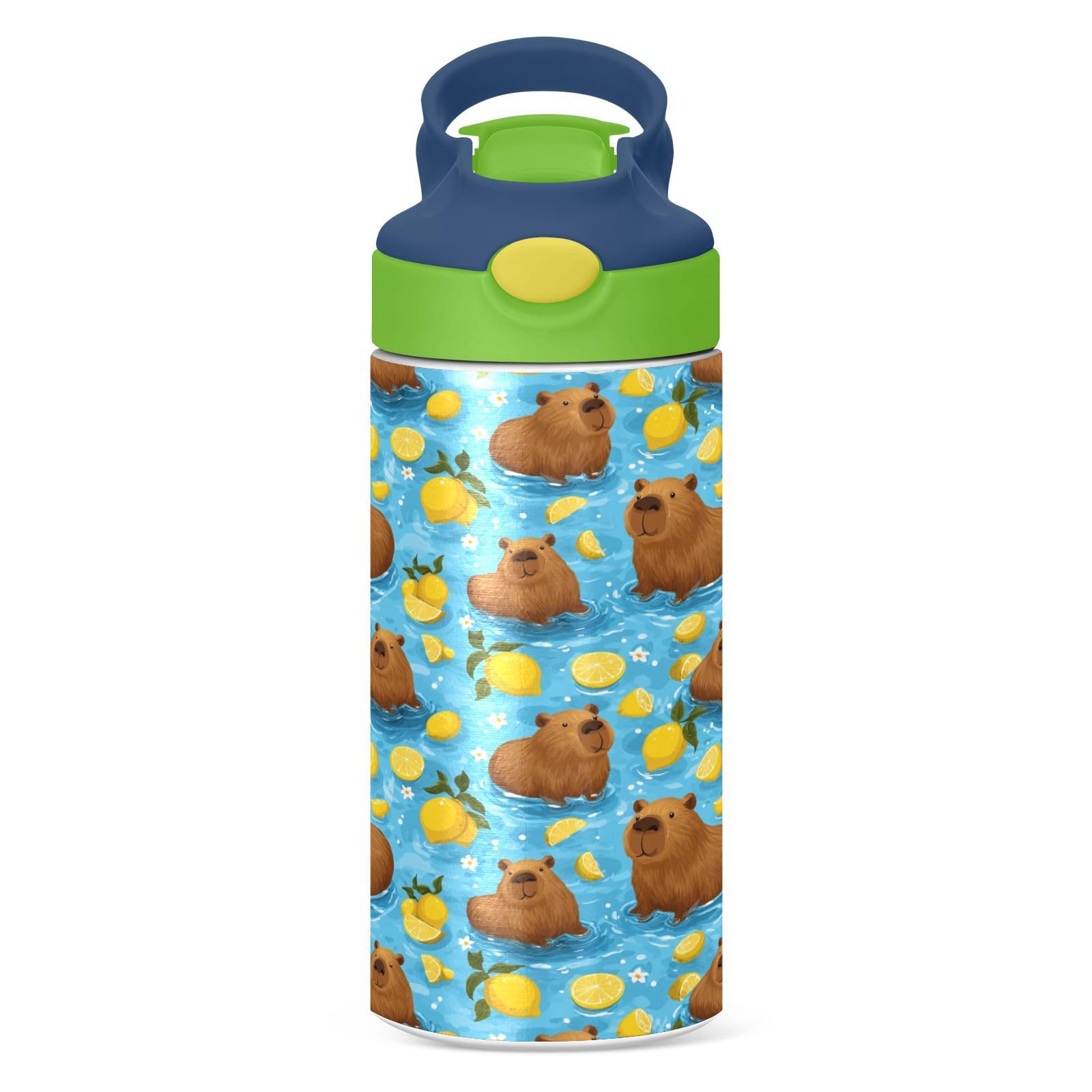 Caikeny Cute Capybaras Kids Water Bottle with Straw Lemon Insulated Stainless Steel BPA-Free Sport Bottles for Boys Girls Toddlers 12 oz Green Lid