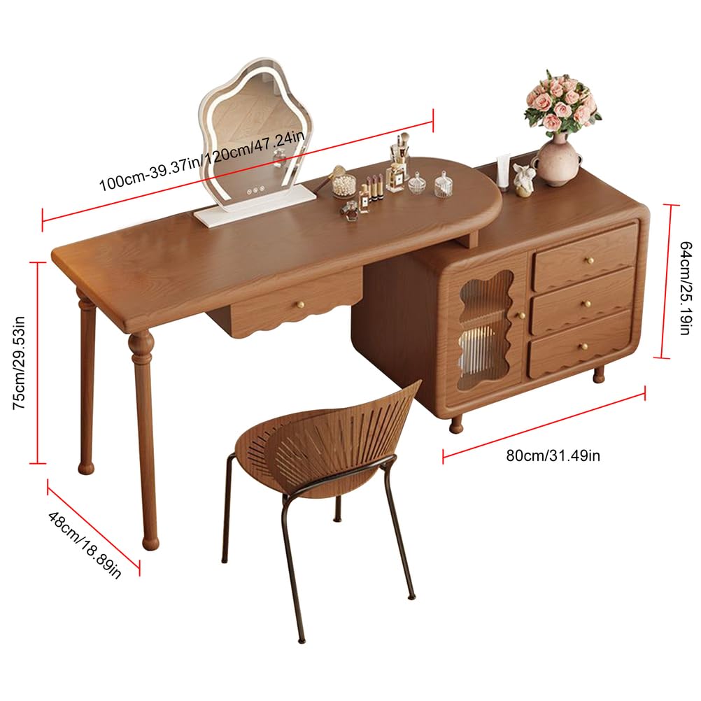 Tavolo da trucco asimmetrico con cassetti e armadietto, 3 modalità di illuminazione per camera da letto, design moderno, elegante tavolo da toeletta ideale per gli amanti del trucco