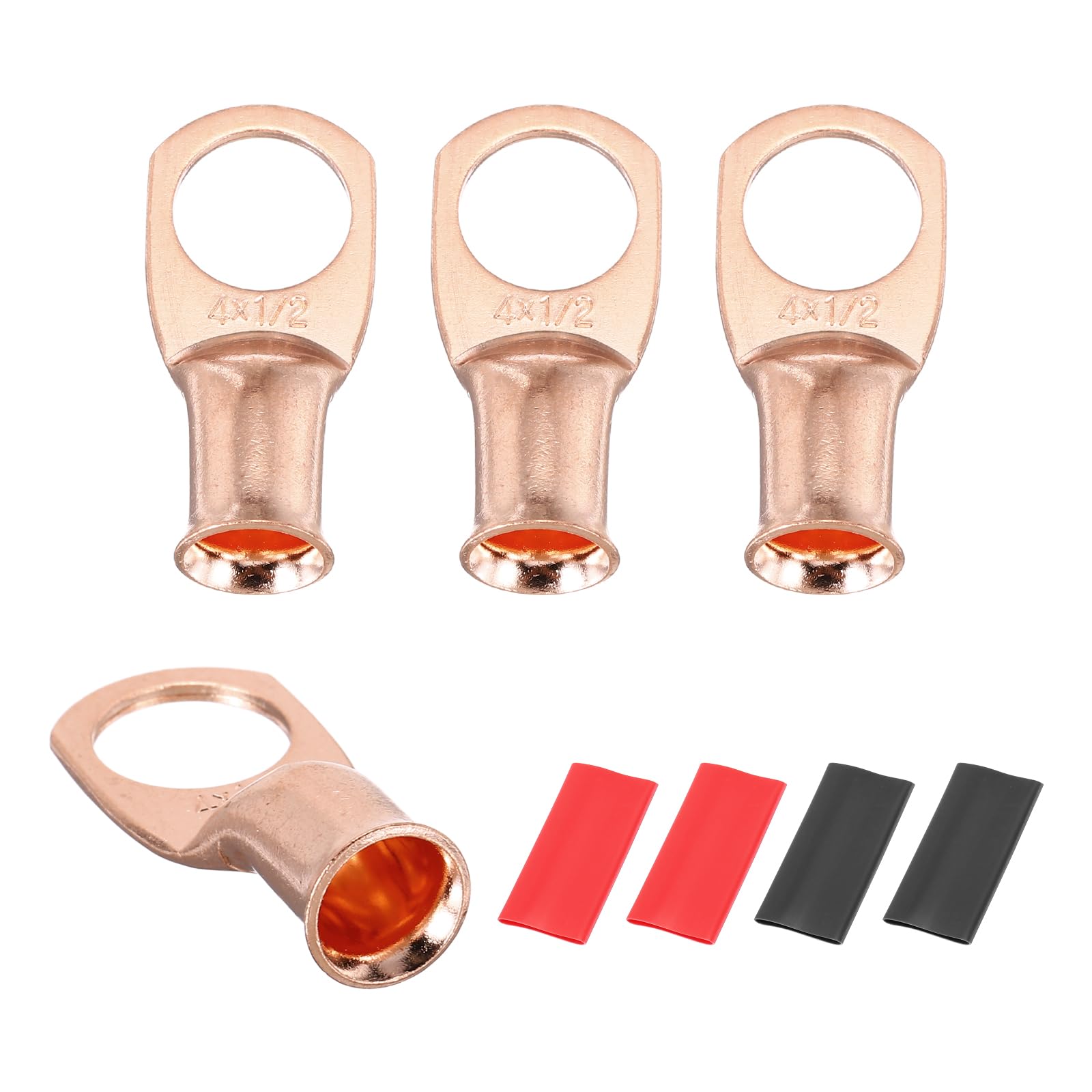 sourcing map 4pcs 4 AWG M12 Battery Lugs Ring Terminals, 1/2" 12mm Stud Crimp Wire Terminal Connector End Copper, 3:1 Heat Shrink Tubing, Gold