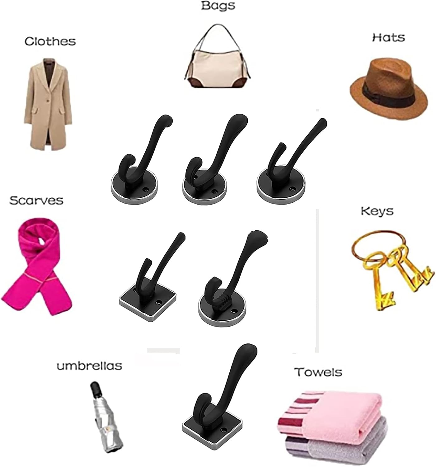 ZSH 5 Pack Coat Hook, European Style Double Hook Robe Hook, Wall-Mounted Clothes Hanger with Screws, for Bathroom and Bedroom Door Wall Hook, Black (Color : B)