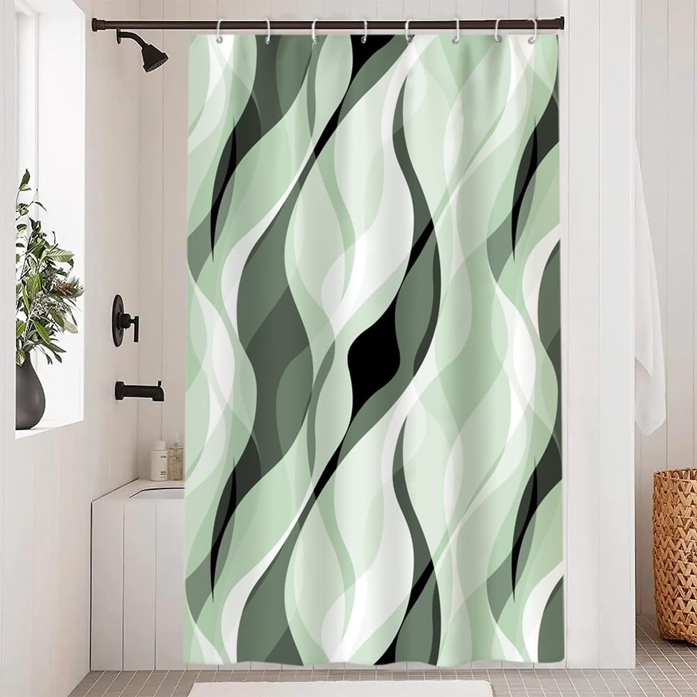 Uiiooazy Cortina de ducha verde salvia, cortina de ducha abstracta patrón geométrico líneas rayas cortina de ducha antimoho impermeable poliéster tela baño cortina con 8 ganchos para baño 120 x 200 cm