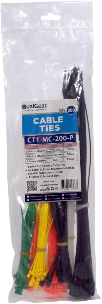 QualGearCT1-MC-200-P Self-Locking Cable Ties, Assorted, 200/Poly Bag, Green,black,yellow,orange