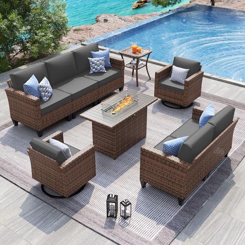 Image of UDPATIO Patio Furniture Set with Fire Pit Table, Rocking Swivel Chairs, 6 Pieces Outdoor Conversation Sets, All-Weather Wicker Outdoor Sectional Sofa with Waterproof Cover, 4'' Thickened Cushion, Grey
