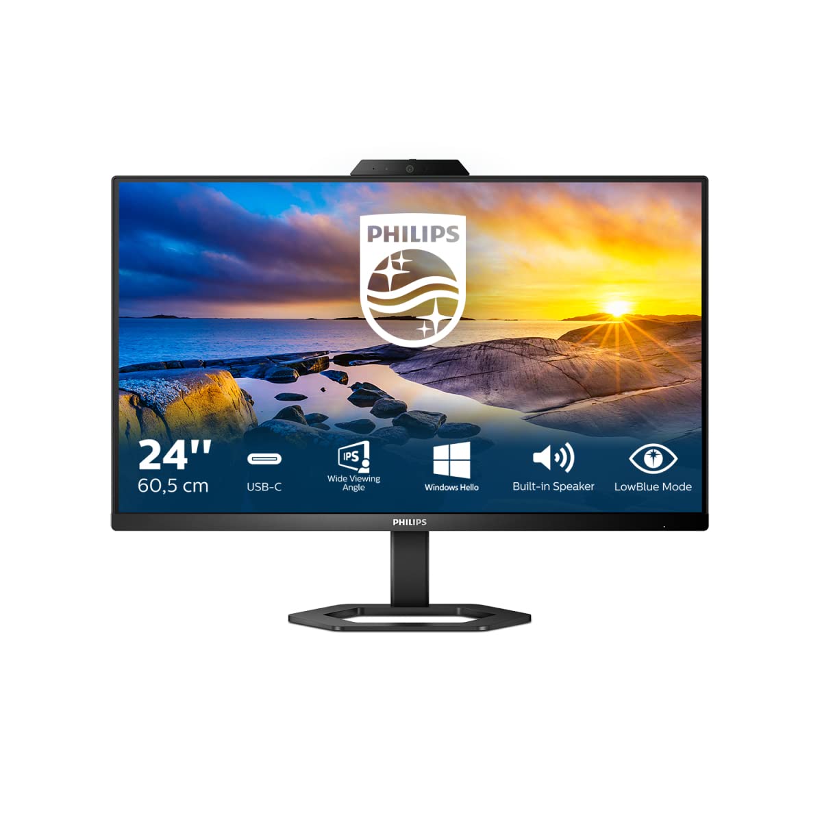 شاشة IPS FHD مقاس 24 انش، 1920×1080، اتصال USB-C، كاميرا ويب 5MP، مكبر صوت مدمج، AMD فري سينك™، وضع بلو منخفض، خالية من الوميض، حامل فيزا، اتصال HDMI وDP، شاشة فيليبس، 24E1N5300HE