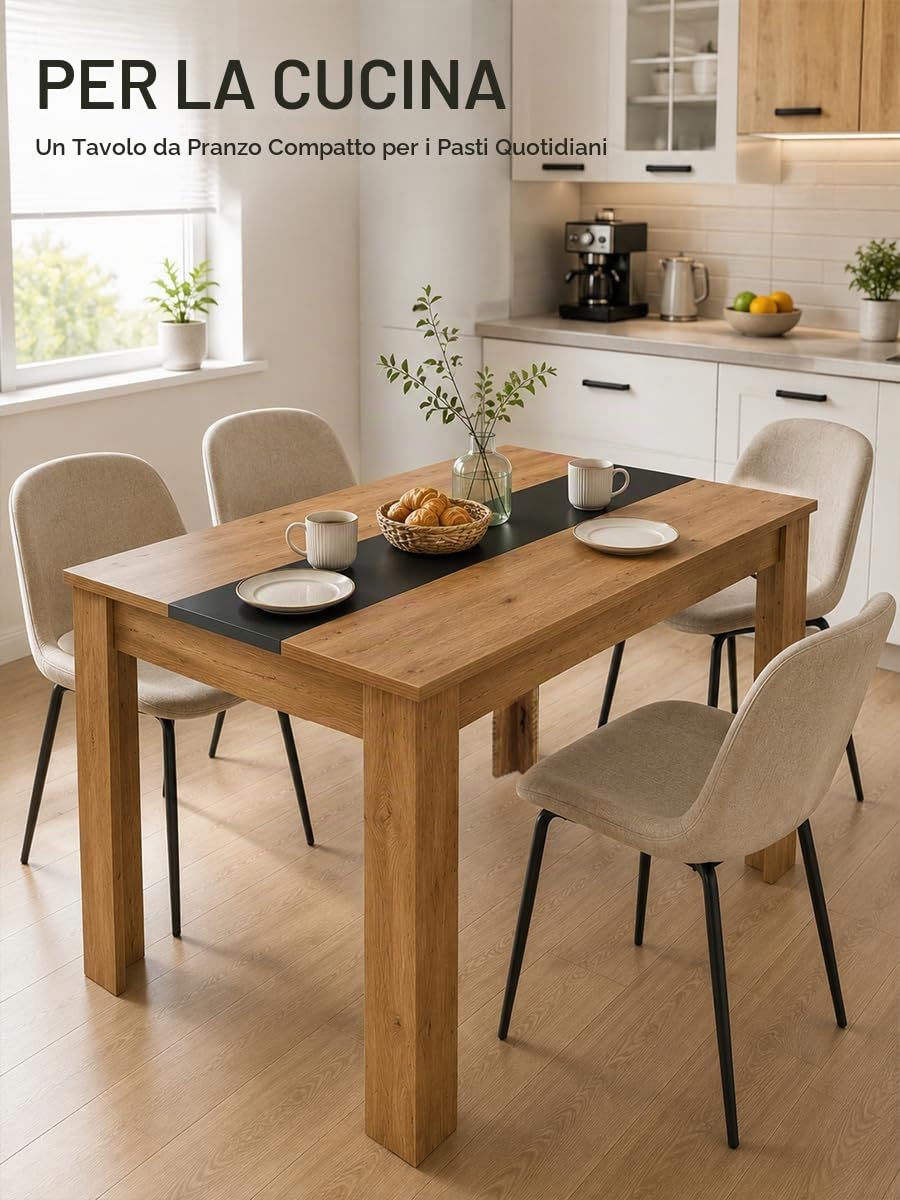 Tavolo da Pranzo Rovere Rettangolare Tavolo Cucina 110×70×75cm | Fascia centrale nera e gambe a forma di L con bordo spesso per uno stile industriale e una struttura stabile ogni giorno