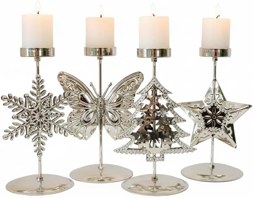Silver Pillar Candle Holders Set of 4- Christmas Snowflake Butterfly Tree Star Metal Candlestick Decor (1 Set 4 Piece)