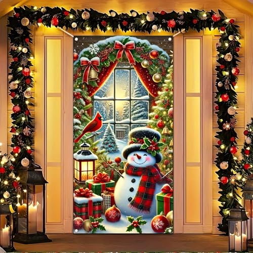 Image of BlissYard Christmas Door Cover 71x35 Inch Snowman Door Banner, Winter Holiday Decoration for Front Door, Indoor Outdoor Porch Backdrop, Merry Christmas Party Hanging Sign for Home Yard Lawn Decor