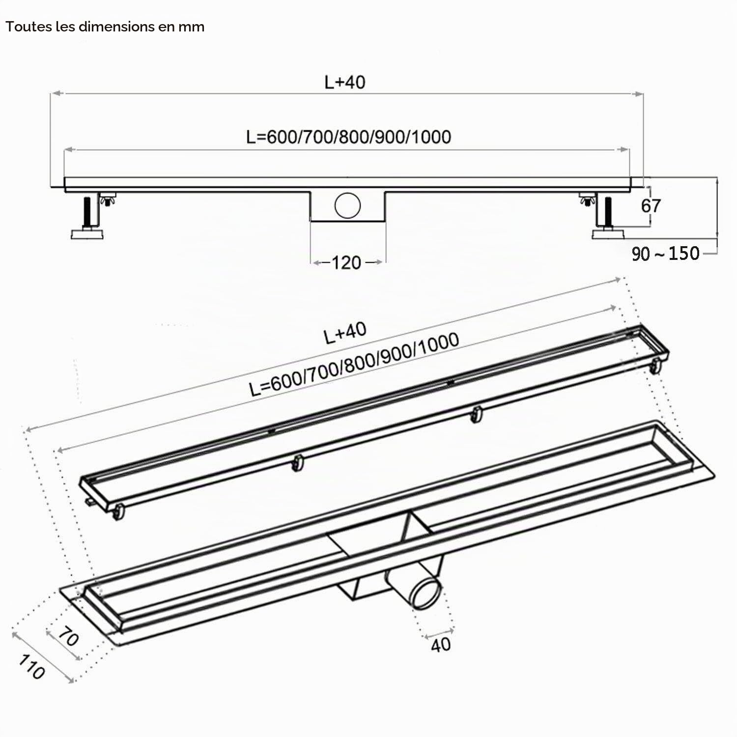 Caniveau de douche 70cm, gouttière d'écoulement en acier inoxydable plate, siphon avec système anti-odeurs, tamis à cheveux pour évacuation de douche, écoulement de sol pour salle de bains