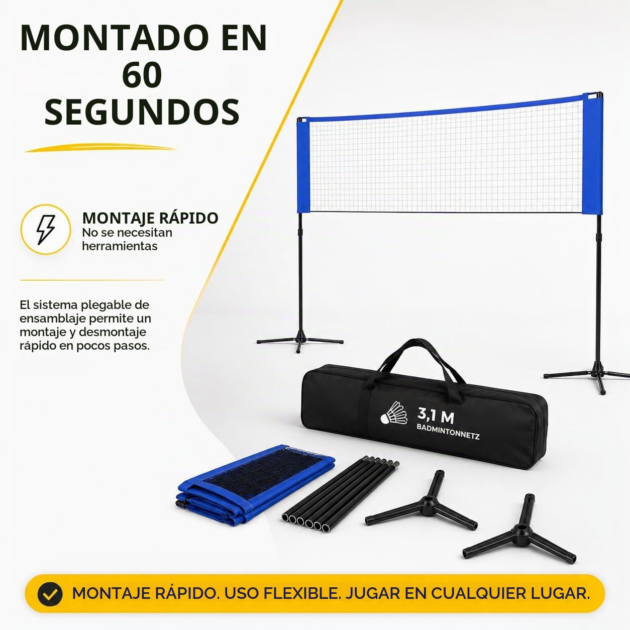 Red de bádminton plegable de 3,1 m, con soporte ajustable en altura de 107/105/150 cm y bolsa de transporte, red deportiva para voleibol, tenis, voleibol o playa, red de nailon, fácil de montar y