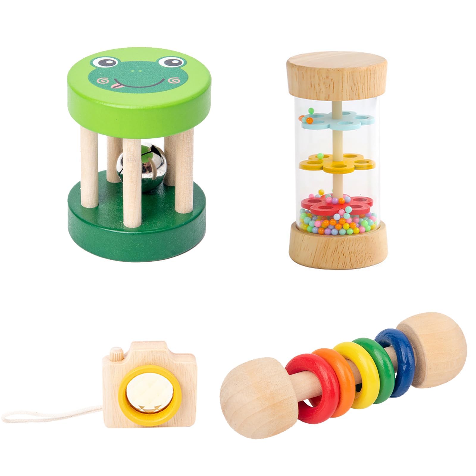 4 Pcs Wooden Baby Toys, Montessori Toys for Babies 6-12 Months, Baby Rattles with Musical Instruments for 1 Year Olds, Sensory Training Toys for Toddlers, Safe Early Education Toys