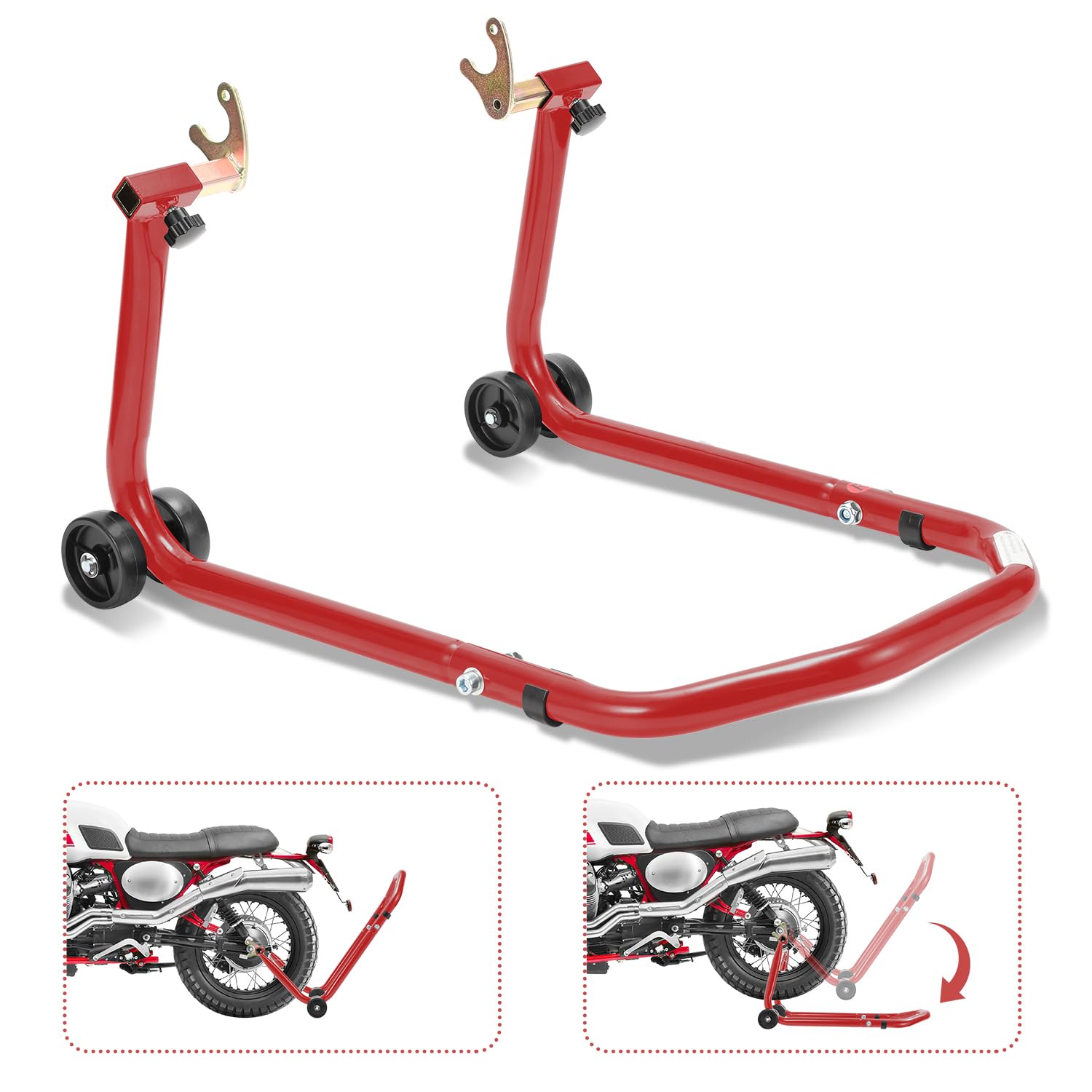 Béquille de moto arrière avec double roulettes, largeur réglable, travaux de montage pour motos jusqu'à 300 kg, stabilité (rouge)