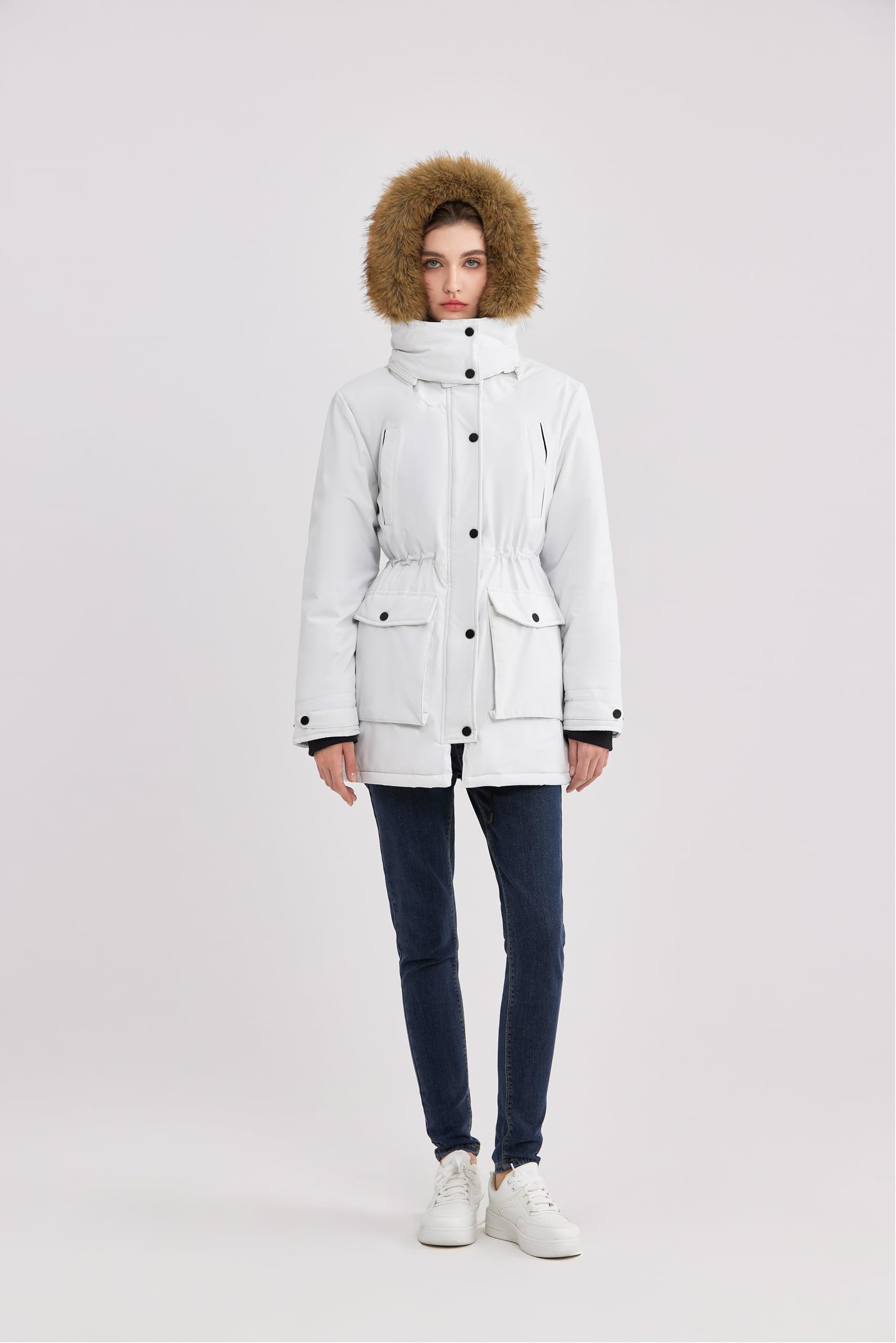 Veste Chauffante Femme avec Batterie 18400mAh 12V, Batterie Veste Chauffante, Parka Femme Vestes avec Capuche Amovible pour Extérieur