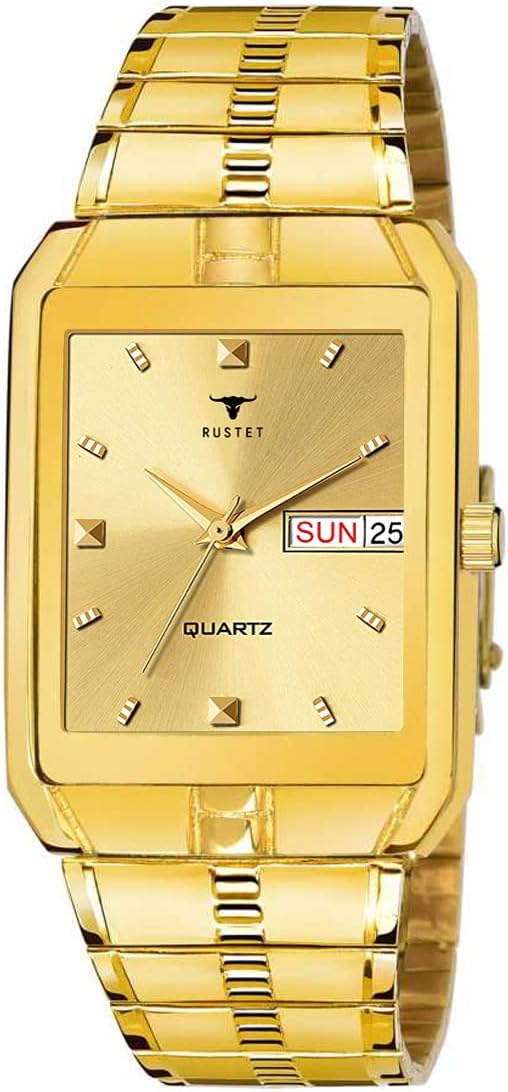 Analogue Waterproof Men's Day and Date Watch (Gold Square Dial Gold Strap,IGP), Gold, Free Size, strap