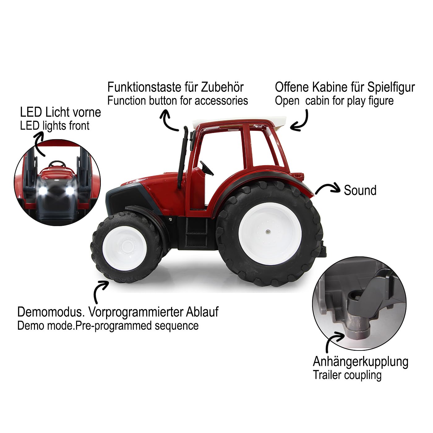 JAMARA Lindner Geotrac 405051 – 1:16 2,4 GHz – Son du Moteur réaliste (désactivable), avertisseur de recul, 2 Roues motrices, LED claires à l'avant, Clignotant, Fonction démo, Rouge