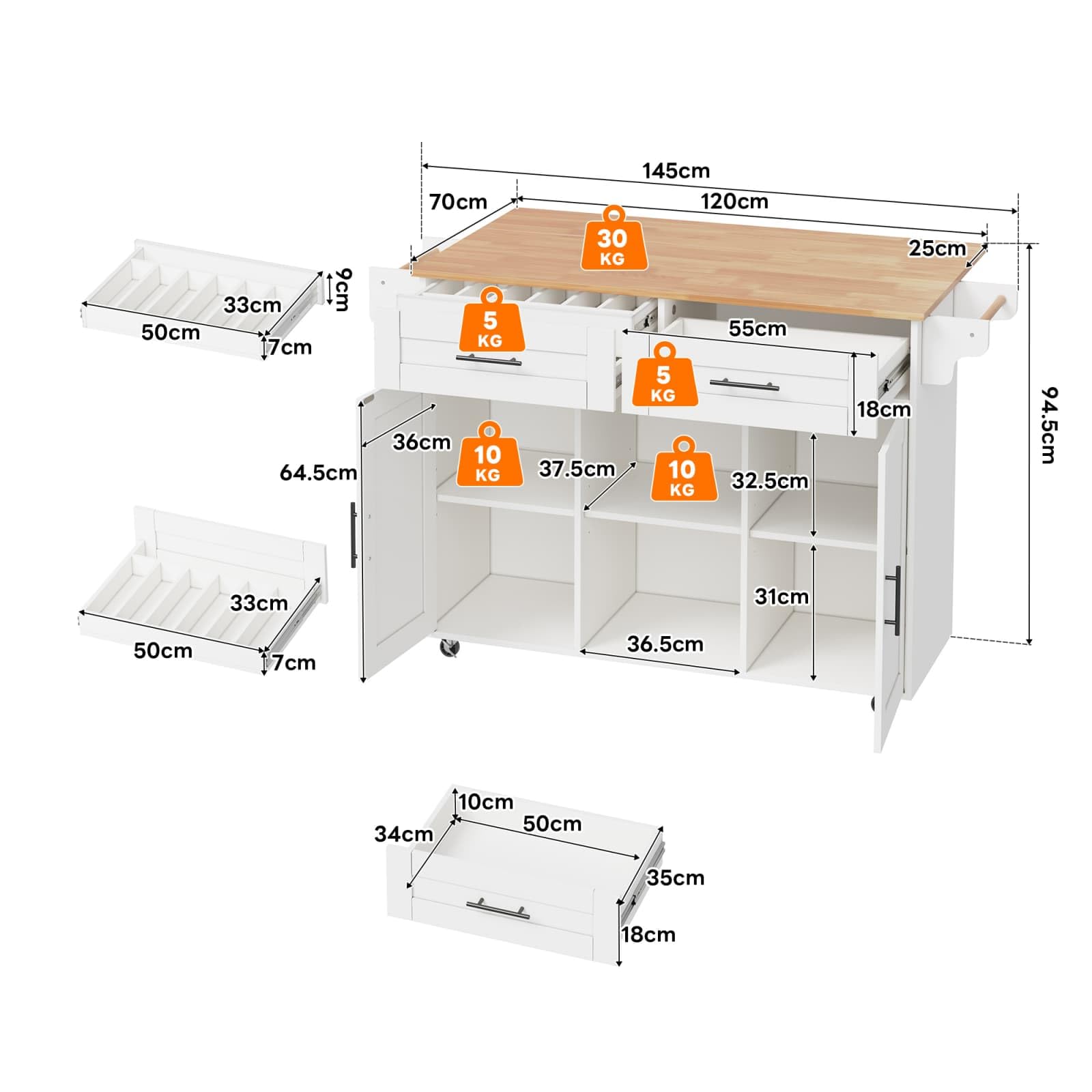 KOMHTOM ilot de Cuisine Moderne, Armoire de Cuisine, Chariot de Salle à Manger, Plateau de Table Pliable, 3 tiroirs, 2 Portes, étagère de Rangement et Porte-Serviettes (Blanc-10)