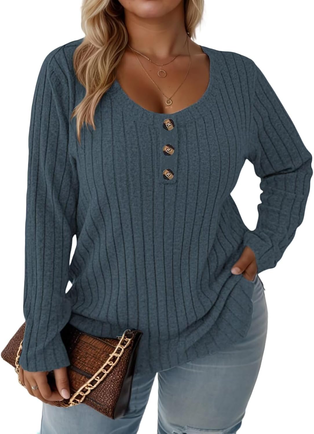 DOLNINE Womens Plus Size Sweatshirts Lightweight Winter Sweaters Tops 2025 Long Sleeve Loose Henley Shirt Blue 5X Large