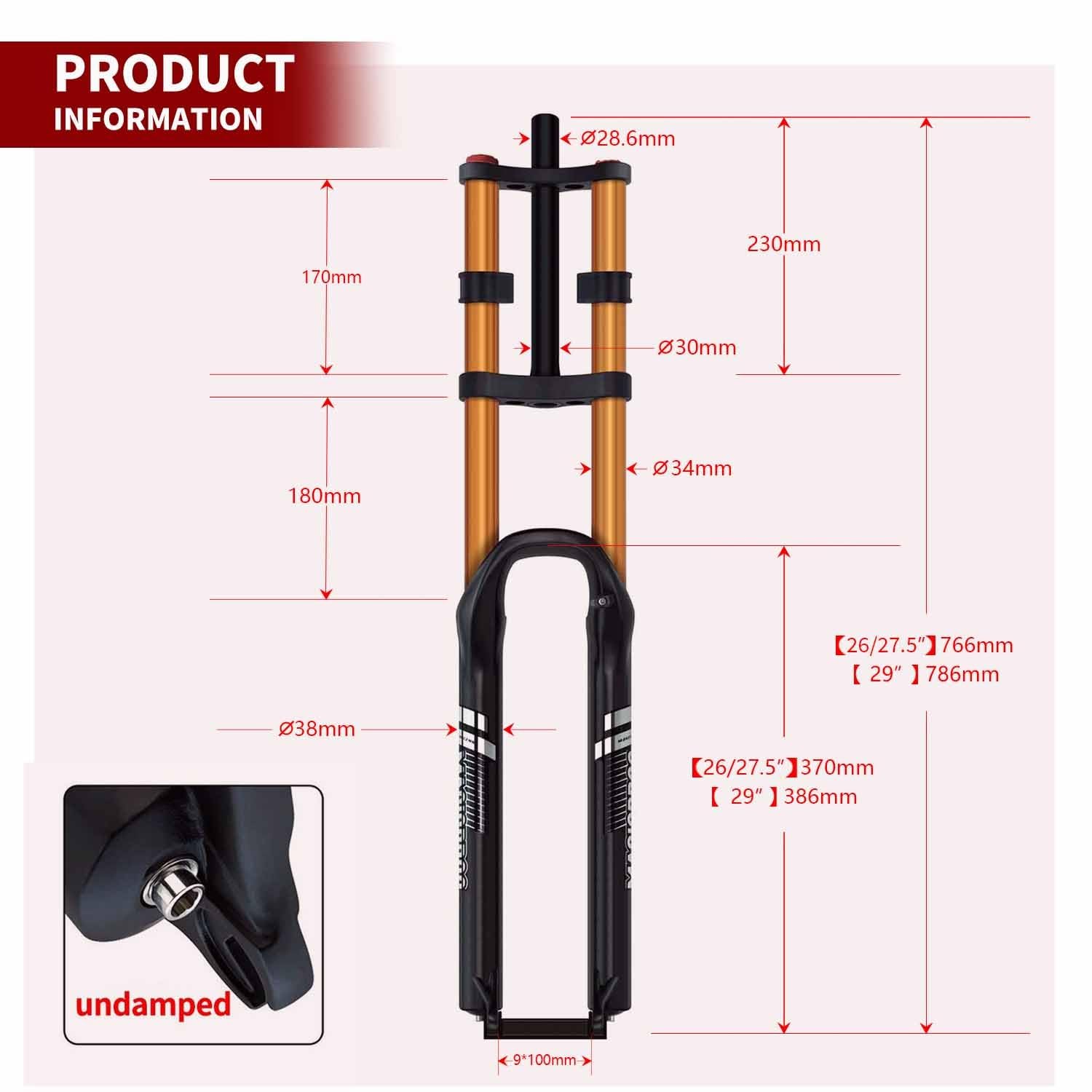 Fourche de suspension pour VTT 66 27,5 73,7 cm 2,8 cm Fourche à air droit Voyage 180 mm Double Couronne Fourche de descente 9 x 100 mm QR Frein à disque Fourche avant Manuel (Or, 69,8 cm
