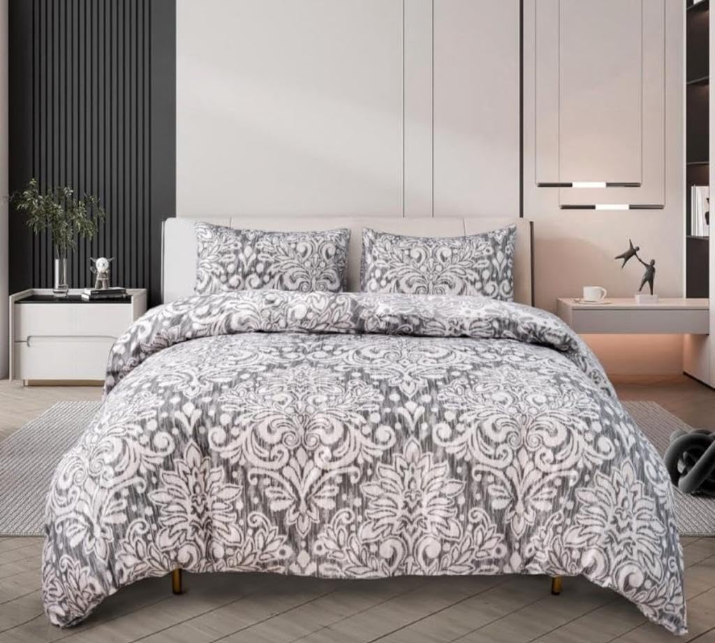 3 PCS Patchwork Bedspread Quilted Bed Throw Single Double King Size Bedding Set (Royal Damask Grey, Double)