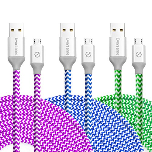 Micro USB Android Charger Cord, Eversame[3-Pack]10Ft 3M Premium Nylon Braided High Speed USB2.0 A Male to Micro B Charger Cable For Samsung Galaxy S6/Tab4/Note Edge, HTC One X/M9, LG-Blue Green Purple