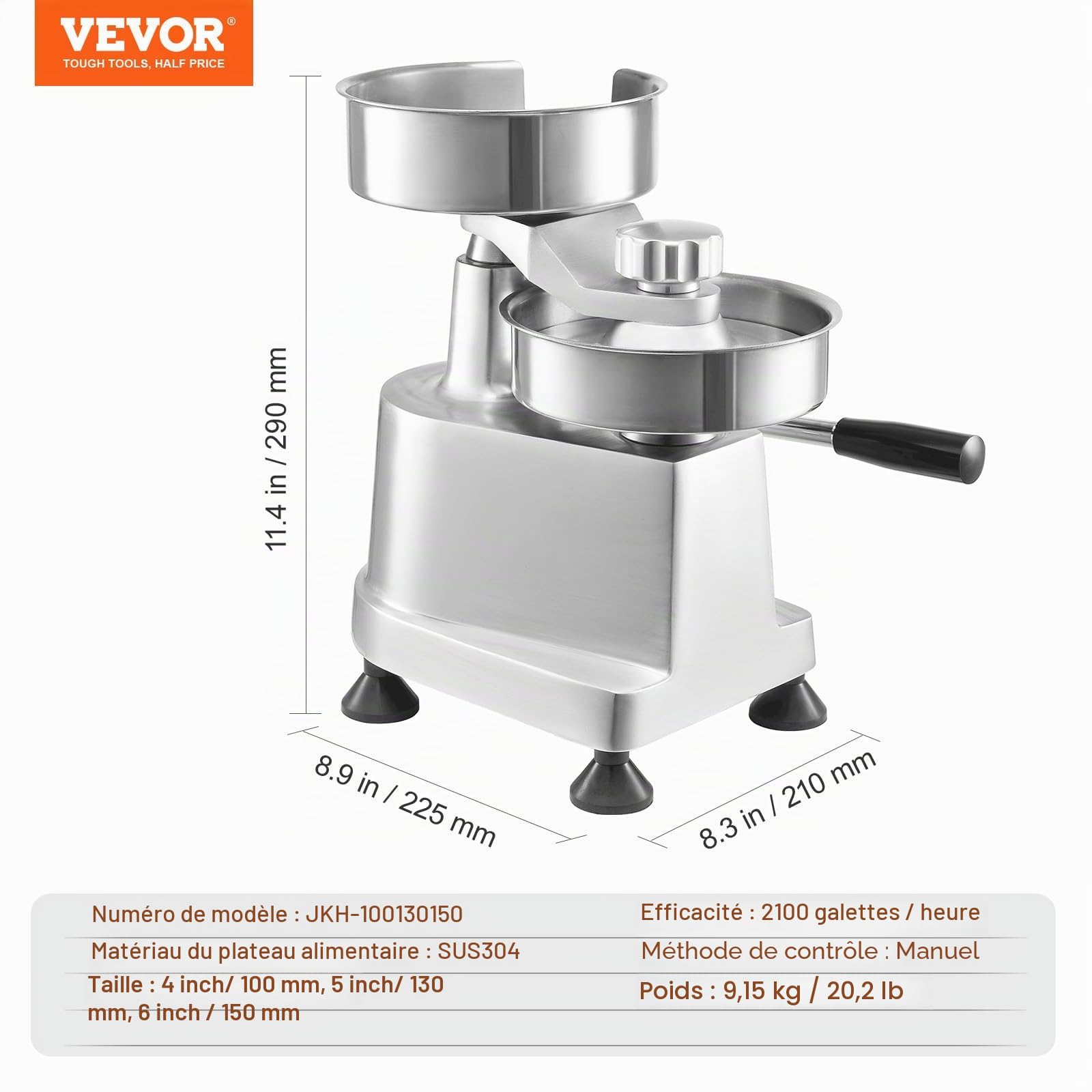 VEVOR Presse à Hamburger Commerciale 100/130/150 mm de Diamètre Machine à Burger Manuelle en INOX SUS304 Presse Steak Haché avec Poignée Ergonomique Papiers Gants pour Hamburgers Galettes Barbecue