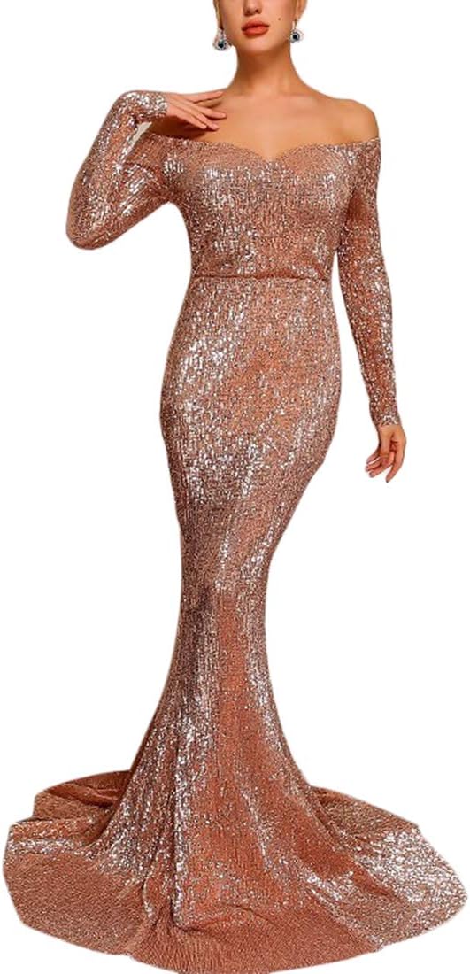 Ohvera Women's Off Shoulder Sequined Long Sleeve Party Cocktail Evening Prom Gown Mermaid Maxi Long Dress Champagne Medium