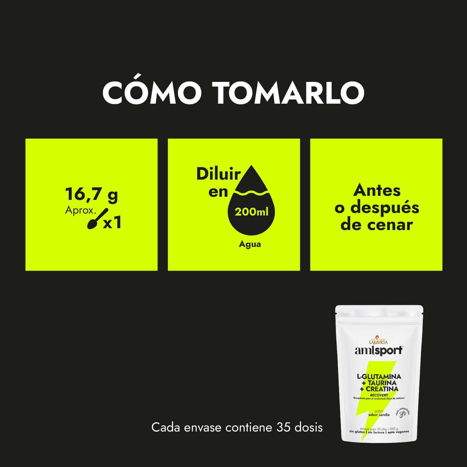 amlsport Ana Maria Lajusticia | L-Glutamina + Taurina + Creatina | Sabor Sandía | 590 Gr | Sin Gluten | Sin Lactosa | Apto para Veganos | Contribuye al Rendimiento Físico | Envase para 35 Días