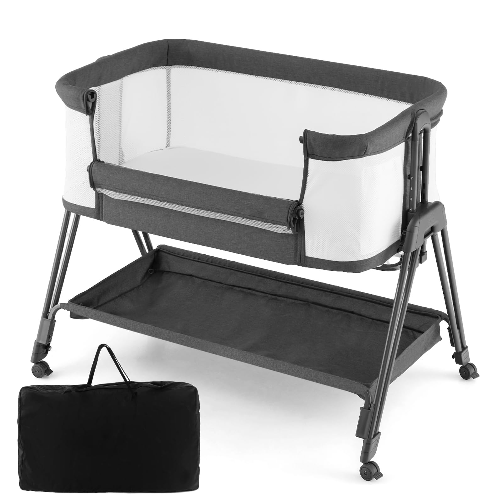 DREAMADE Lit Cododo Pliable Bébé 0-6 Mois avec Matelas Berceau Nouveau-Nés Portable avec Hauteur Réglable,Roues Universelles Lit Parapluie avec Fenêtre en Maille,Corde Fix,Charge 9+2KG (Gris Foncé)