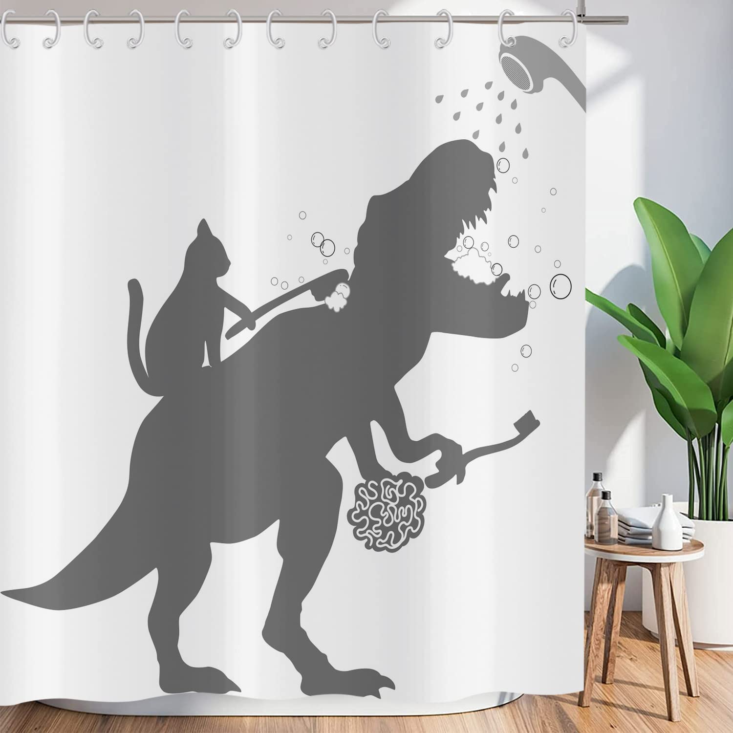 ASDCXZ Shower Curtain Funny 180x220 cm, Simplicity Funny Cat Dinosaur White Washable Textile Bathroom Curtains Polyester Fabric Waterproof Shower Curtains for Bathtub with 12 Shower Curtain Hooks — image 1