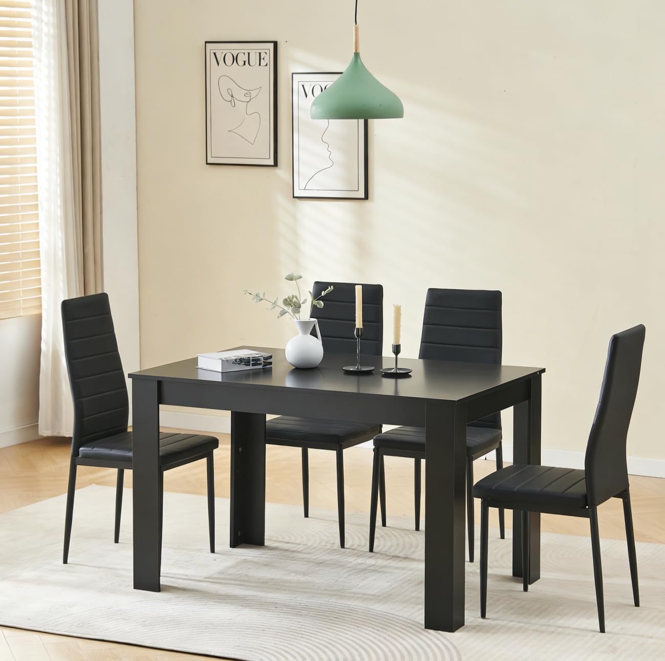 Menaka Modern Wooden Dining Room Table and Chairs Set of 4 for Small Space, 5 Pieces Rectangular Kitchen Table with 4 Chairs (110cm black table and 4 black leather chairs#1) — view 2