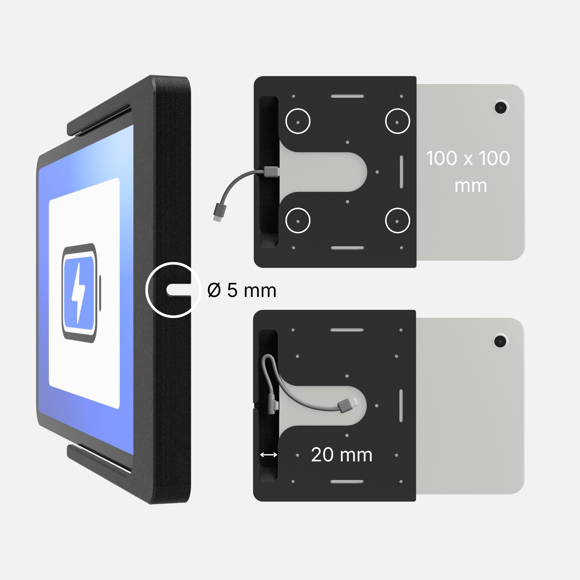 Support Mural Tablette pour Samsung Galaxy Tab A9 / A11 (8,7 Pouces) - Fixation Ultra-Plate et sur Mesure pour Écran Domotique et Tableau de Bord - Passe-Câble Intégré - Noir