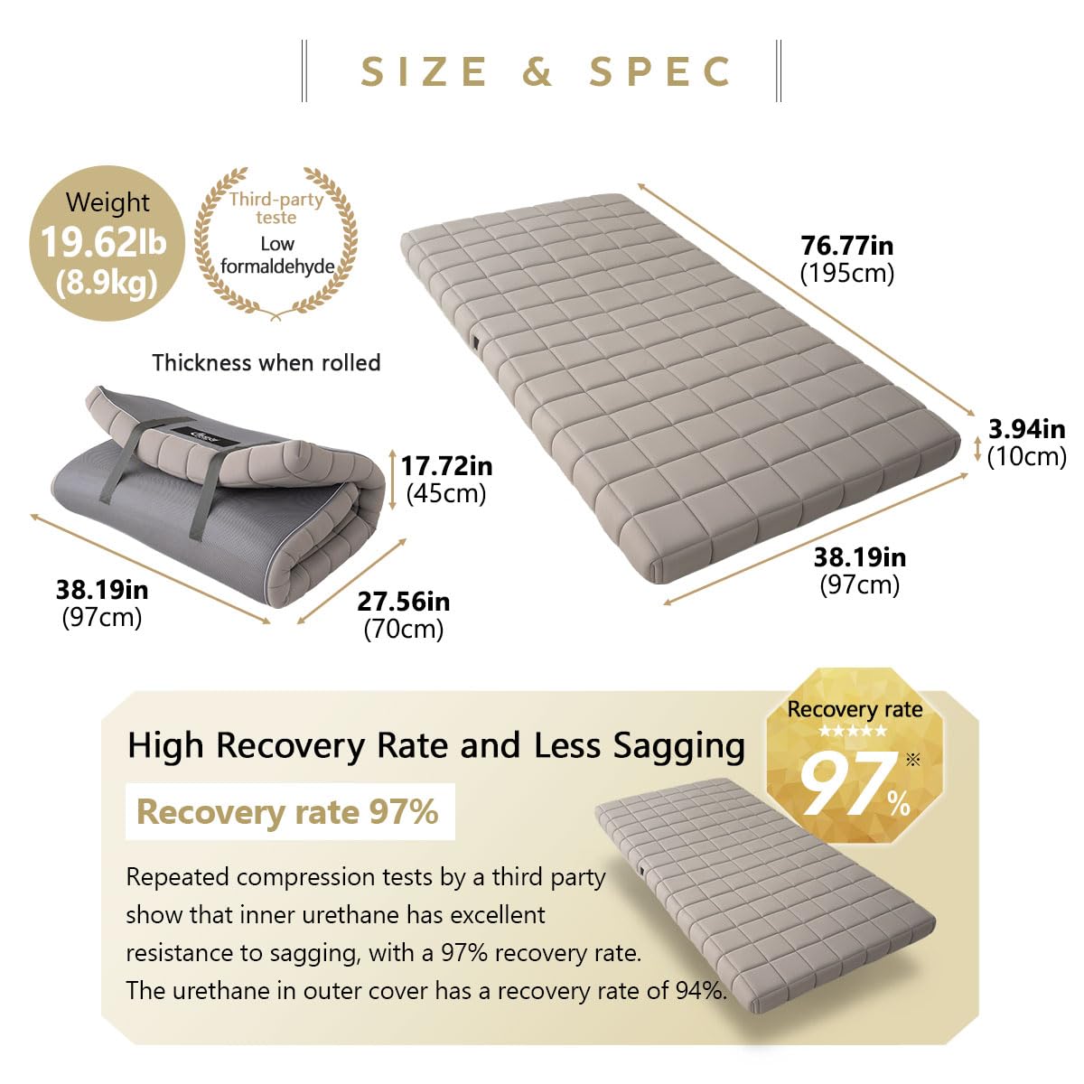 EMOOR Matelas Futon Japonais 3 Couches Urethane Dora 97 x 195 cm Gris, Pliable Compact Portable Couchage au Sol Lit d’invité Tapis Tatami